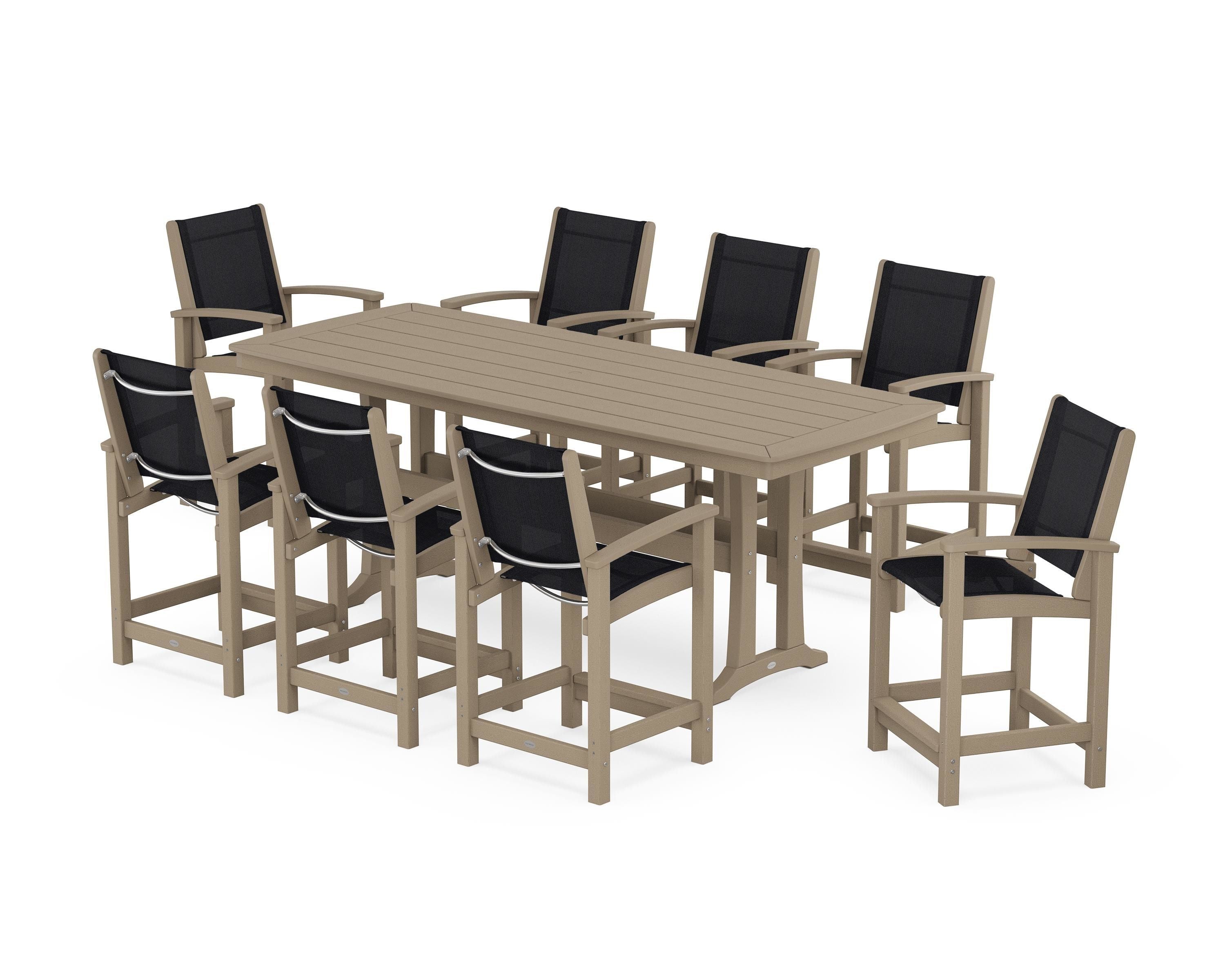 POLYWOOD Coastal 9-Piece Counter Set with Trestle Legs in Vintage Sahara / Black Sling
