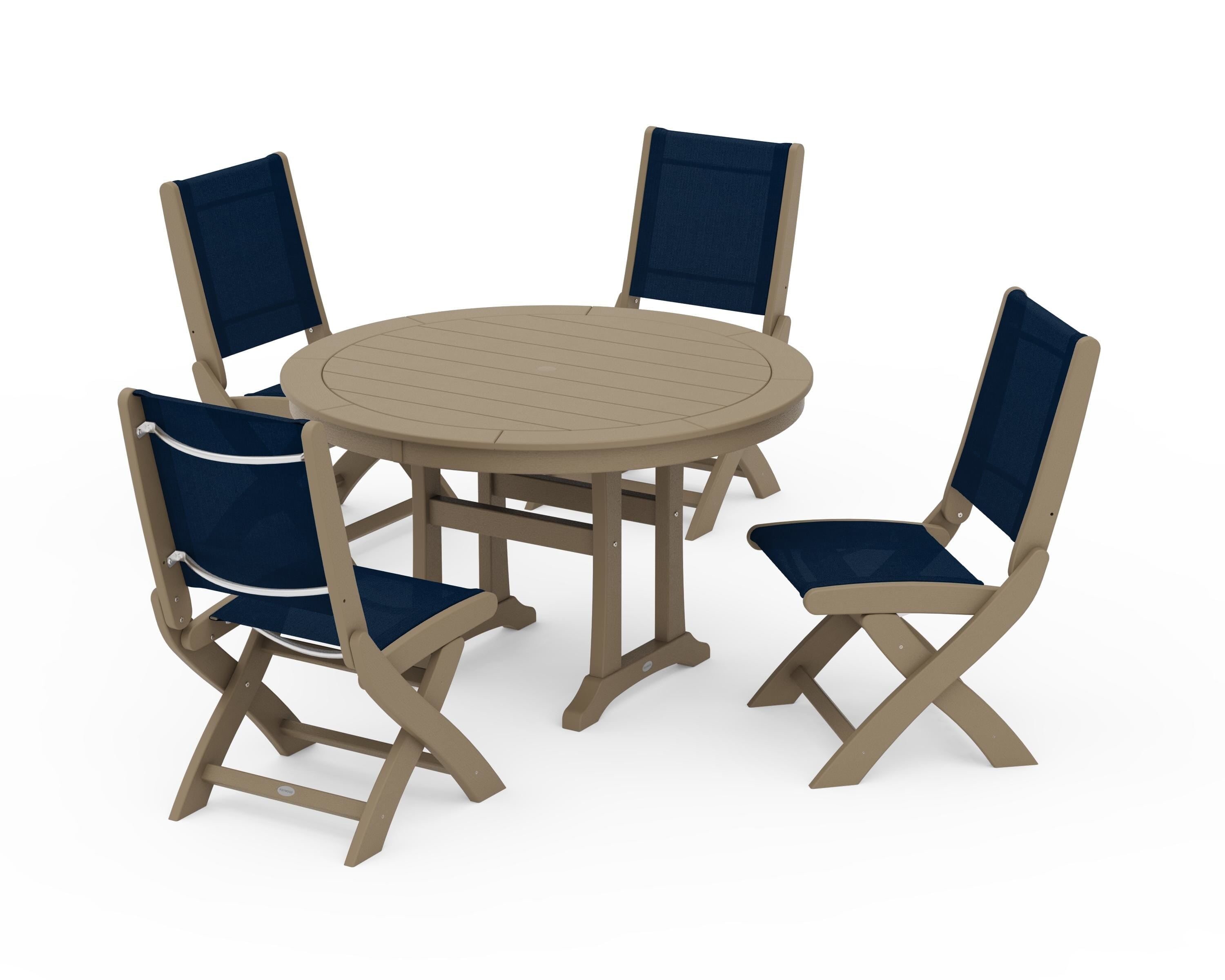 POLYWOOD Coastal Folding Side Chair 5-Piece Round Dining Set With Trestle Legs in Vintage Sahara / Navy Blue Sling