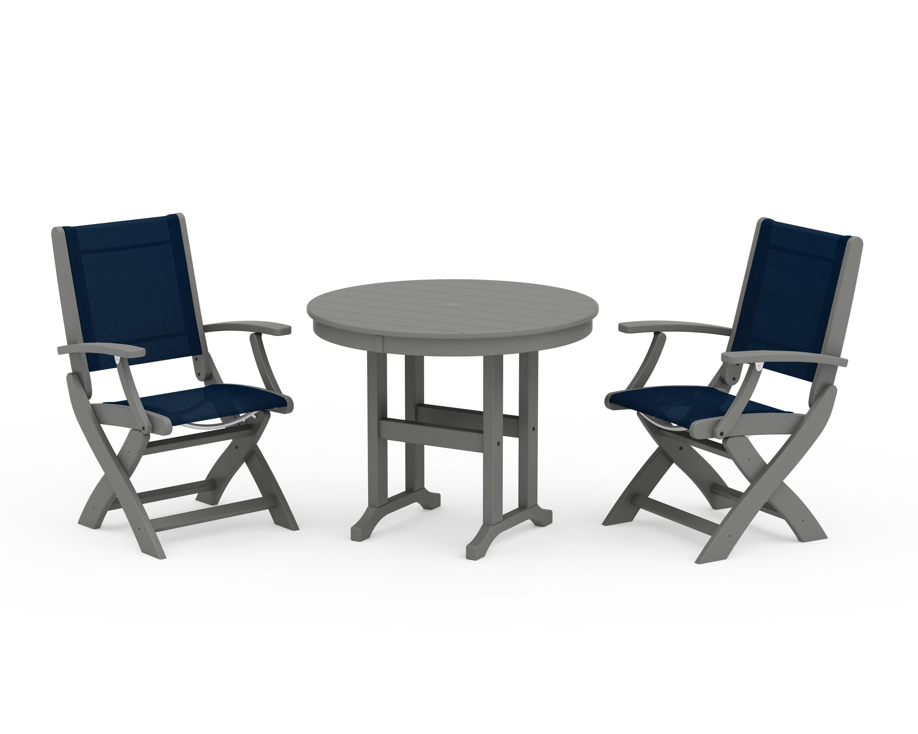 POLYWOOD Coastal Folding Chair 3-Piece Round Dining Set in Slate Grey / Navy Blue Sling