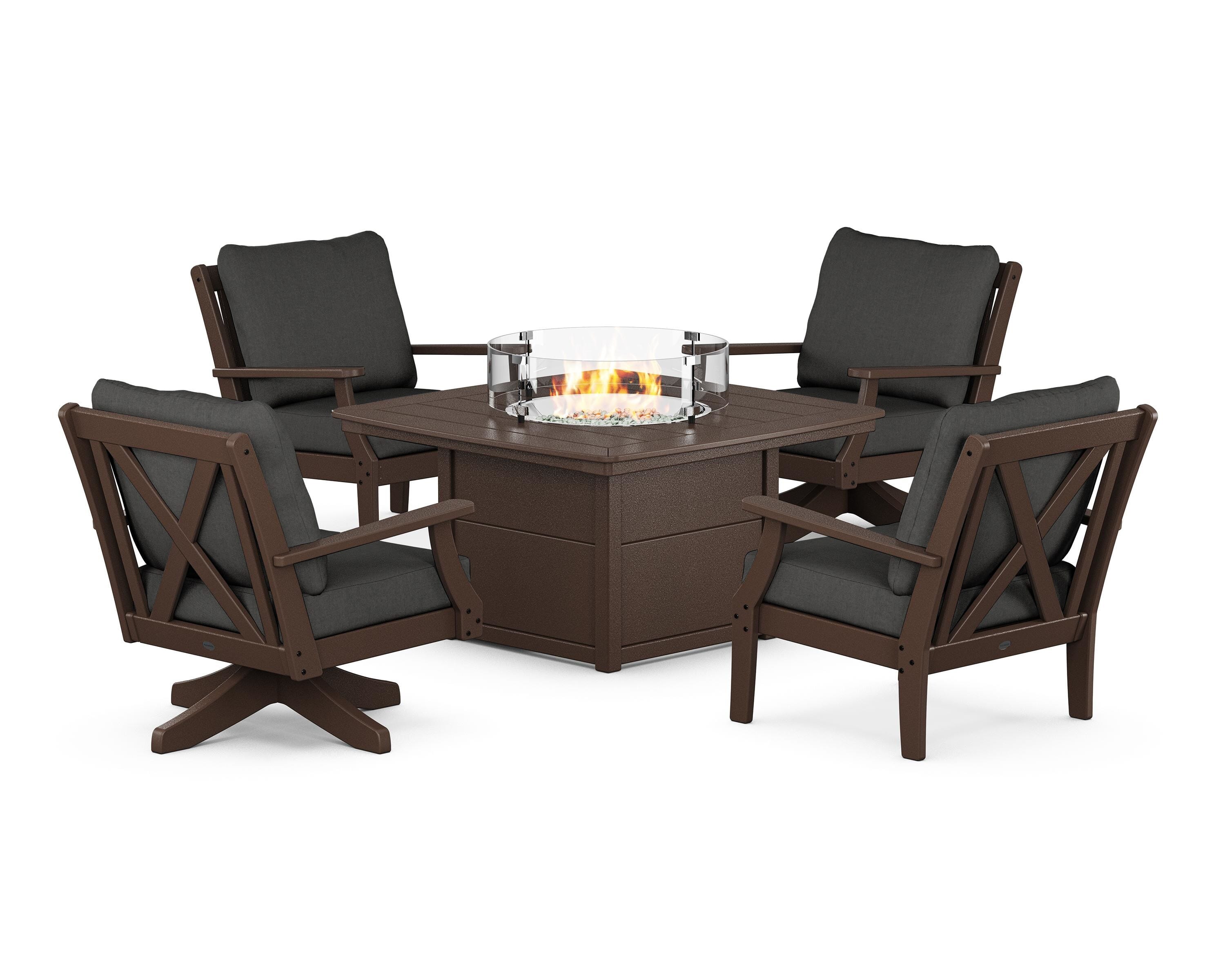 POLYWOOD Braxton 5-Piece Deep Seating Set with Fire Table in Mahogany / Spectrum Carbon