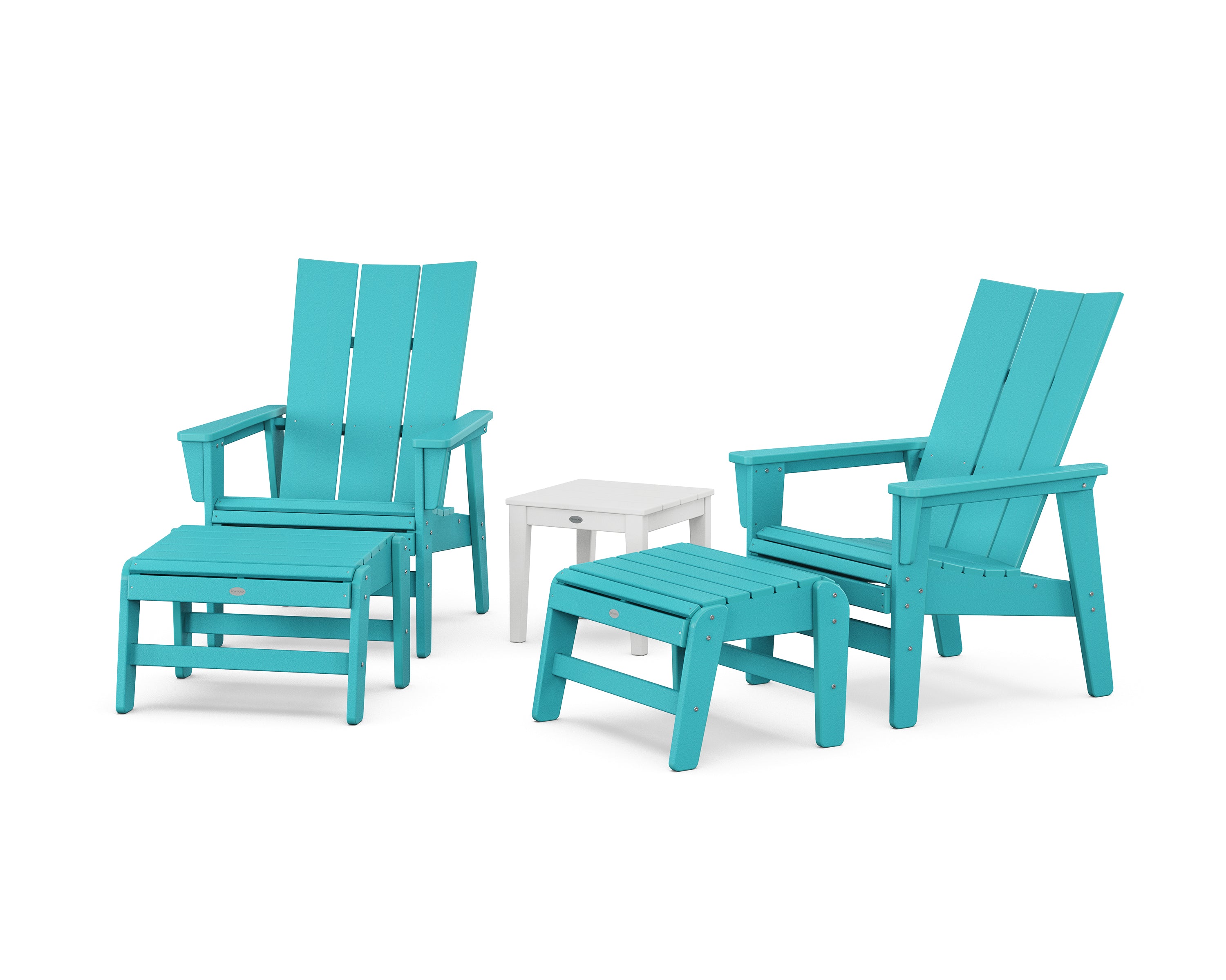 POLYWOOD 5-Piece Modern Grand Upright Adirondack Set with Ottomans and Side Table in Aruba / White