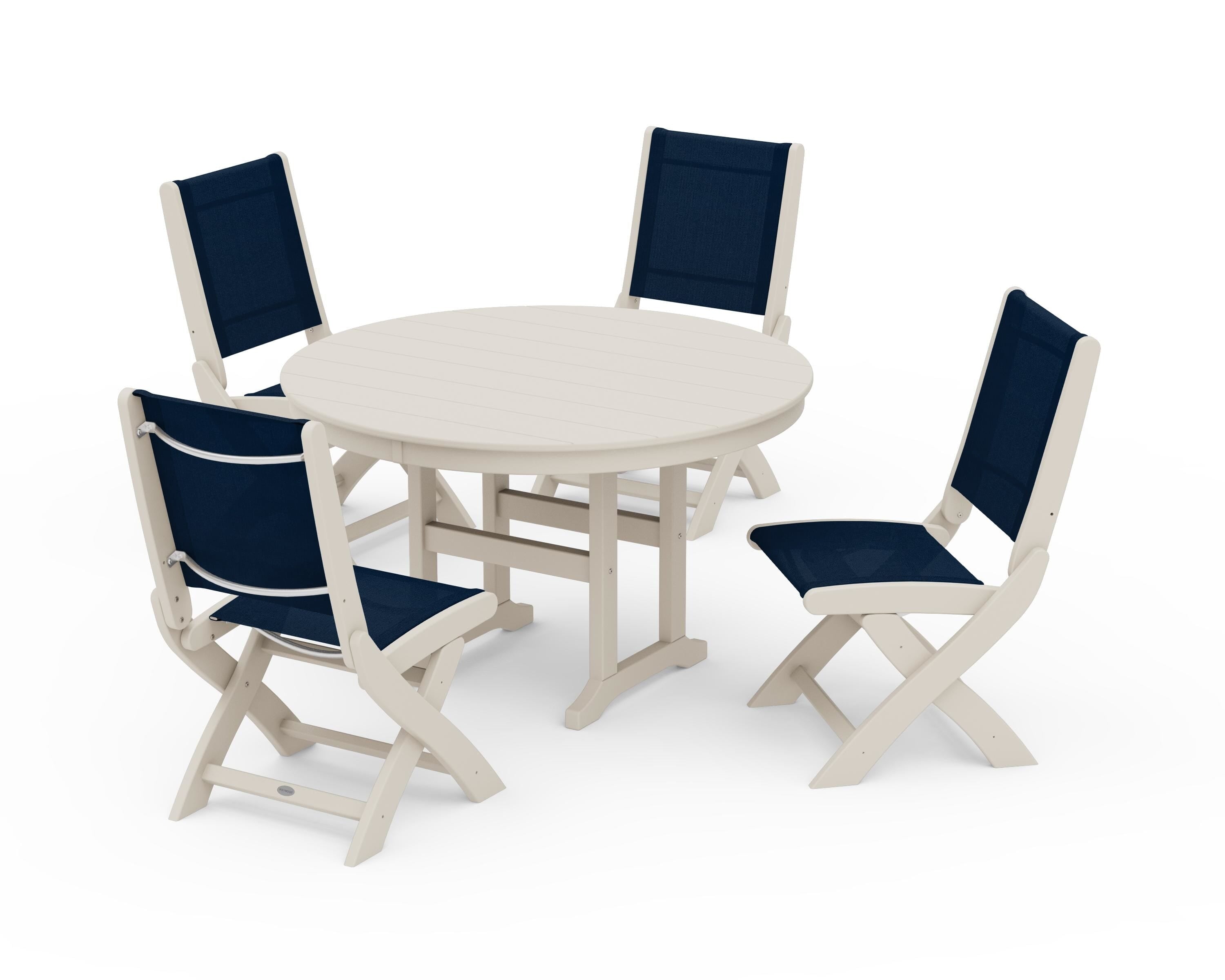 POLYWOOD Coastal Folding Side Chair 5-Piece Round Dining Set in Sand / Navy Blue Sling