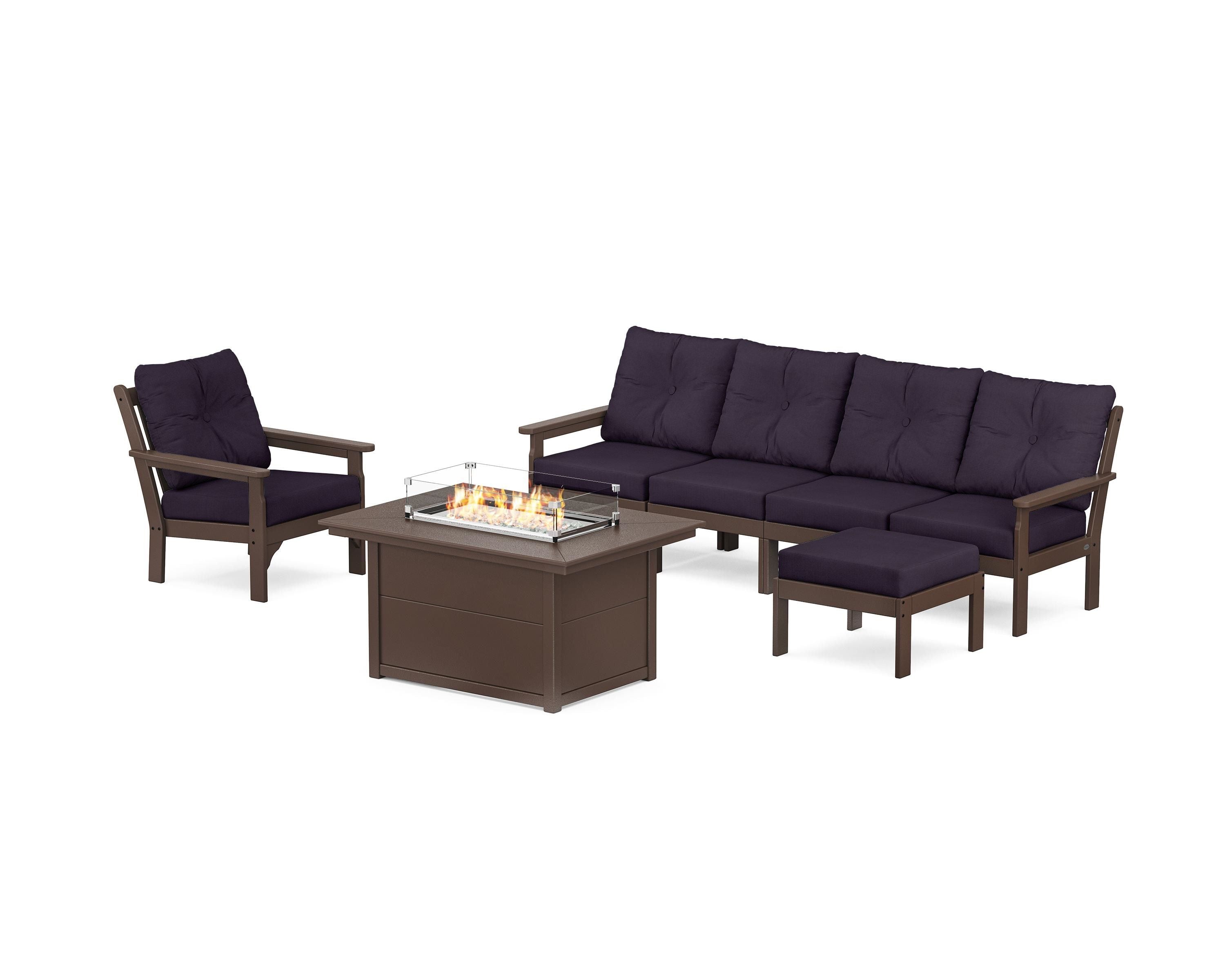 POLYWOOD Vineyard Sectional Lounge and Fire Pit Set in Mahogany / Navy Linen