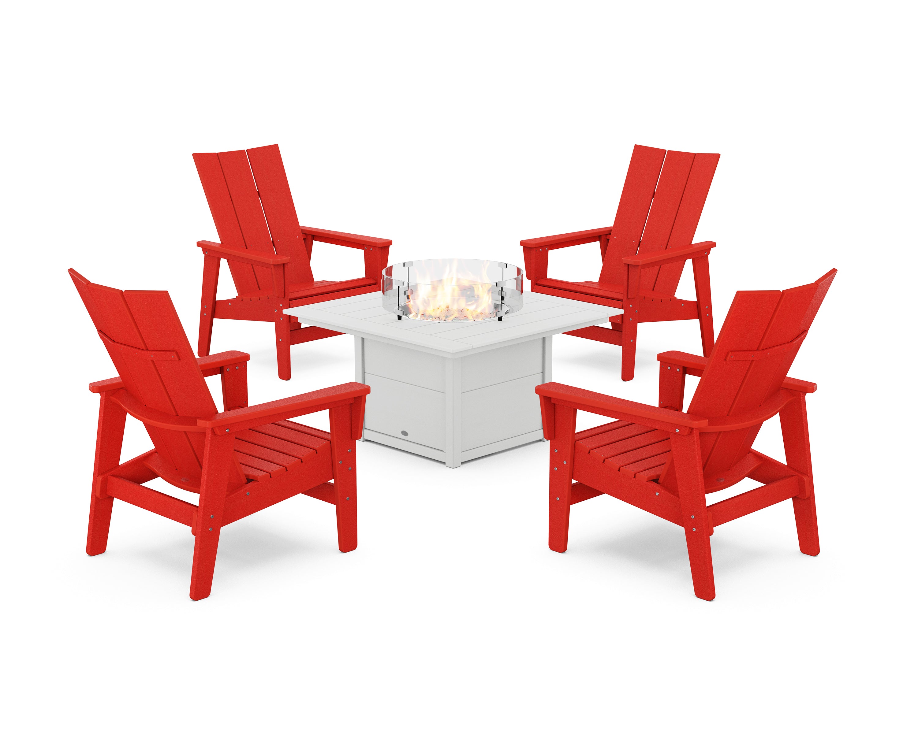 POLYWOOD 5-Piece Modern Grand Upright Adirondack Conversation Set with Fire Pit Table in Sunset Red / White