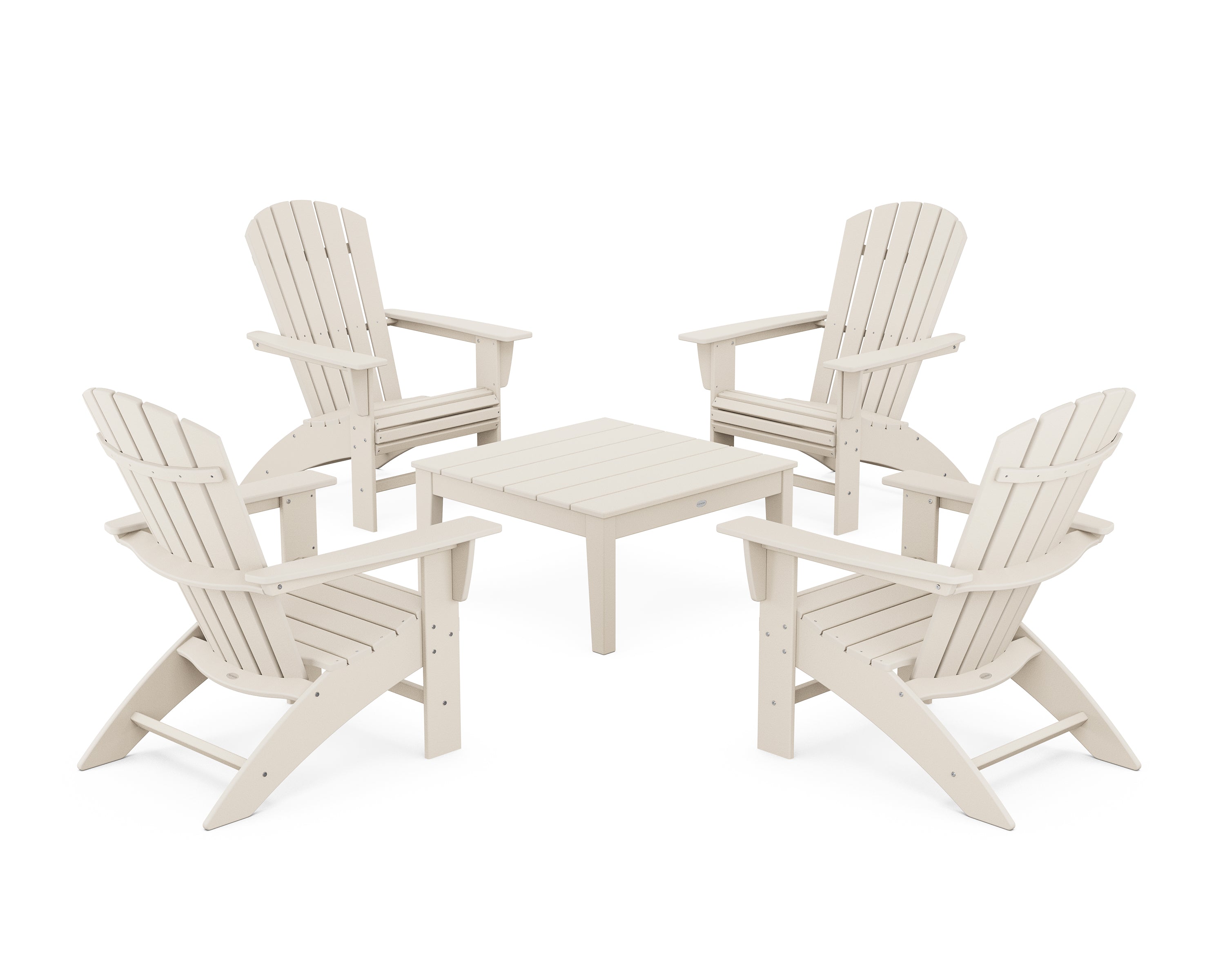 POLYWOOD® 5-Piece Nautical Curveback Adirondack Chair Conversation Set with 36" Conversation Table in Sand