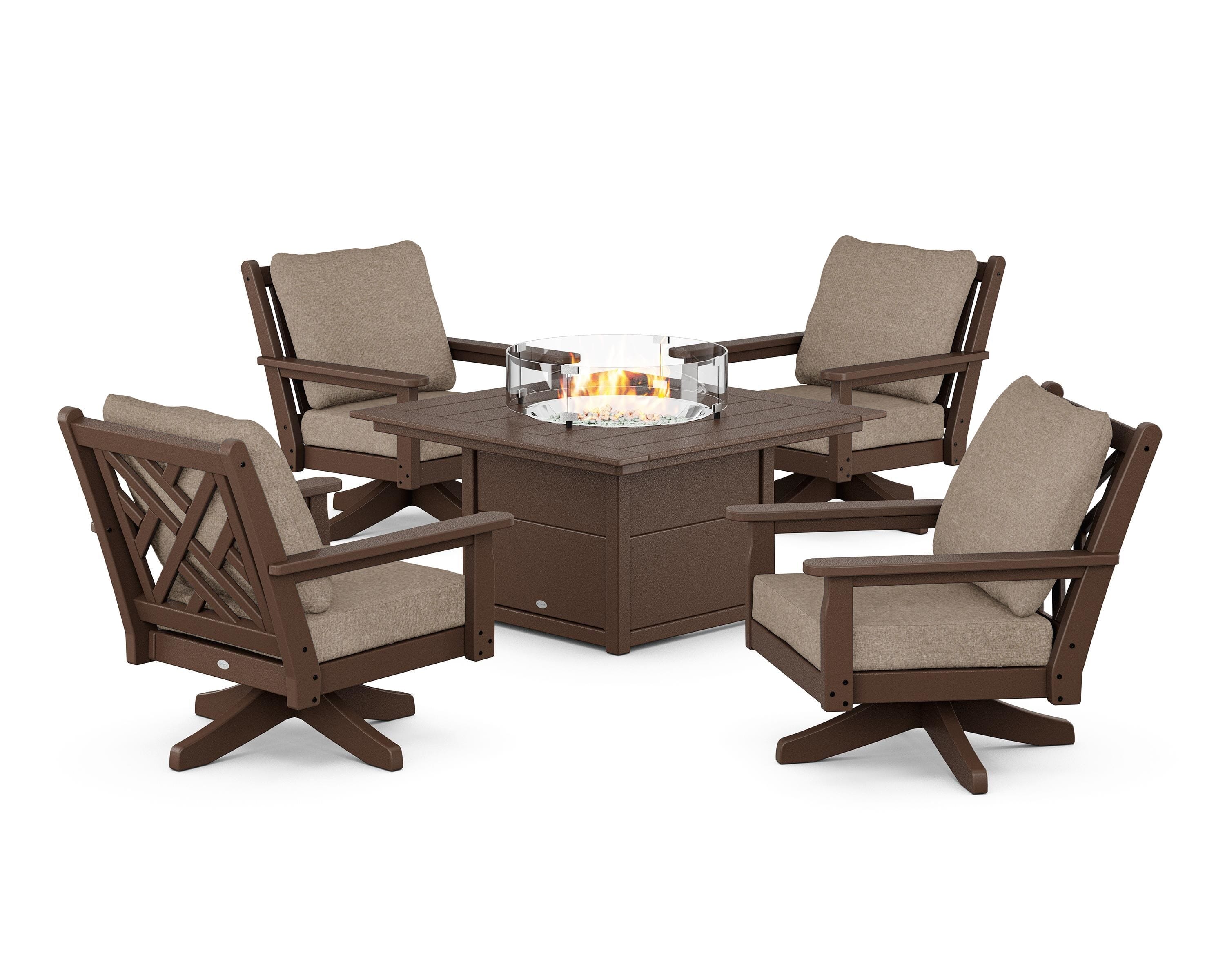 POLYWOOD Chippendale 5-Piece Deep Seating Swivel Conversation Set with Fire Pit Table in Mahogany / Spiced Burlap