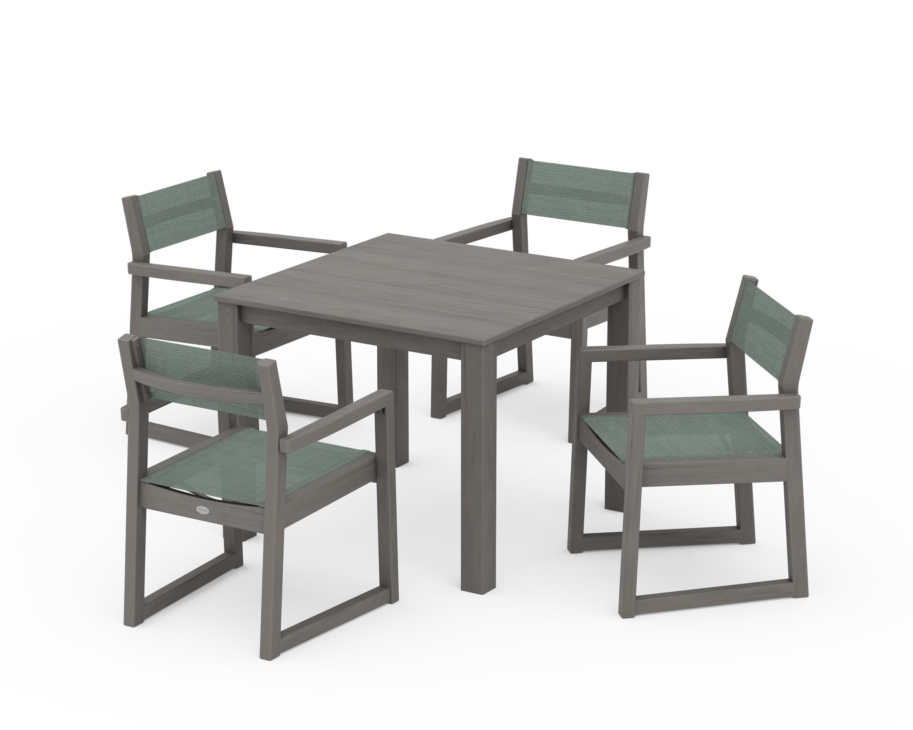 POLYWOOD EDGE Sling Arm Chair 5-Piece Parsons Dining Set in Driftwood / Dupioni Sea Mist Sling