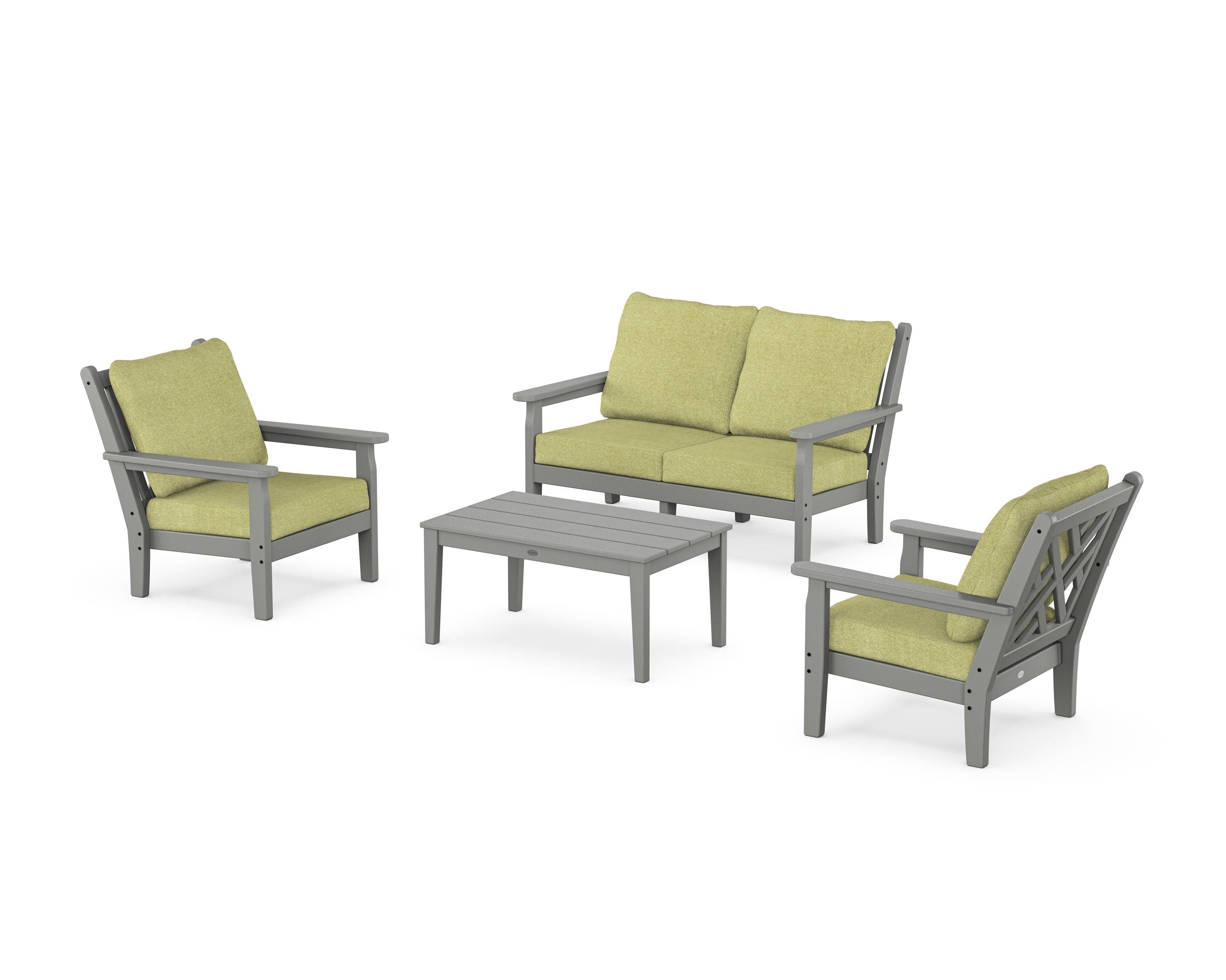 POLYWOOD Chippendale 4-Piece Deep Seating Set with Loveseat in Slate Grey / Chartreuse Boucle