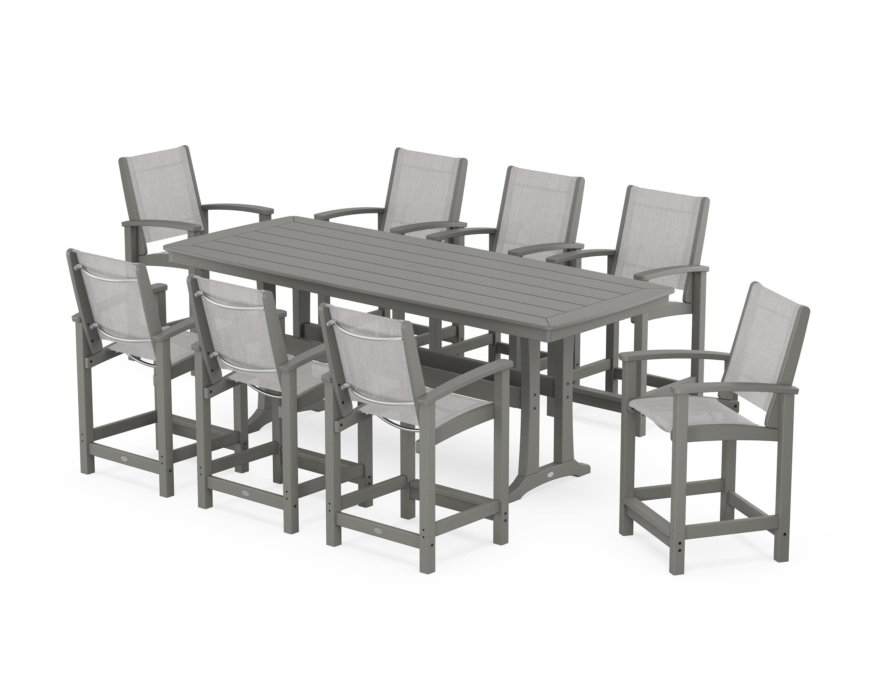 POLYWOOD Coastal 9-Piece Counter Set with Trestle Legs in Slate Grey / Parchment Sling