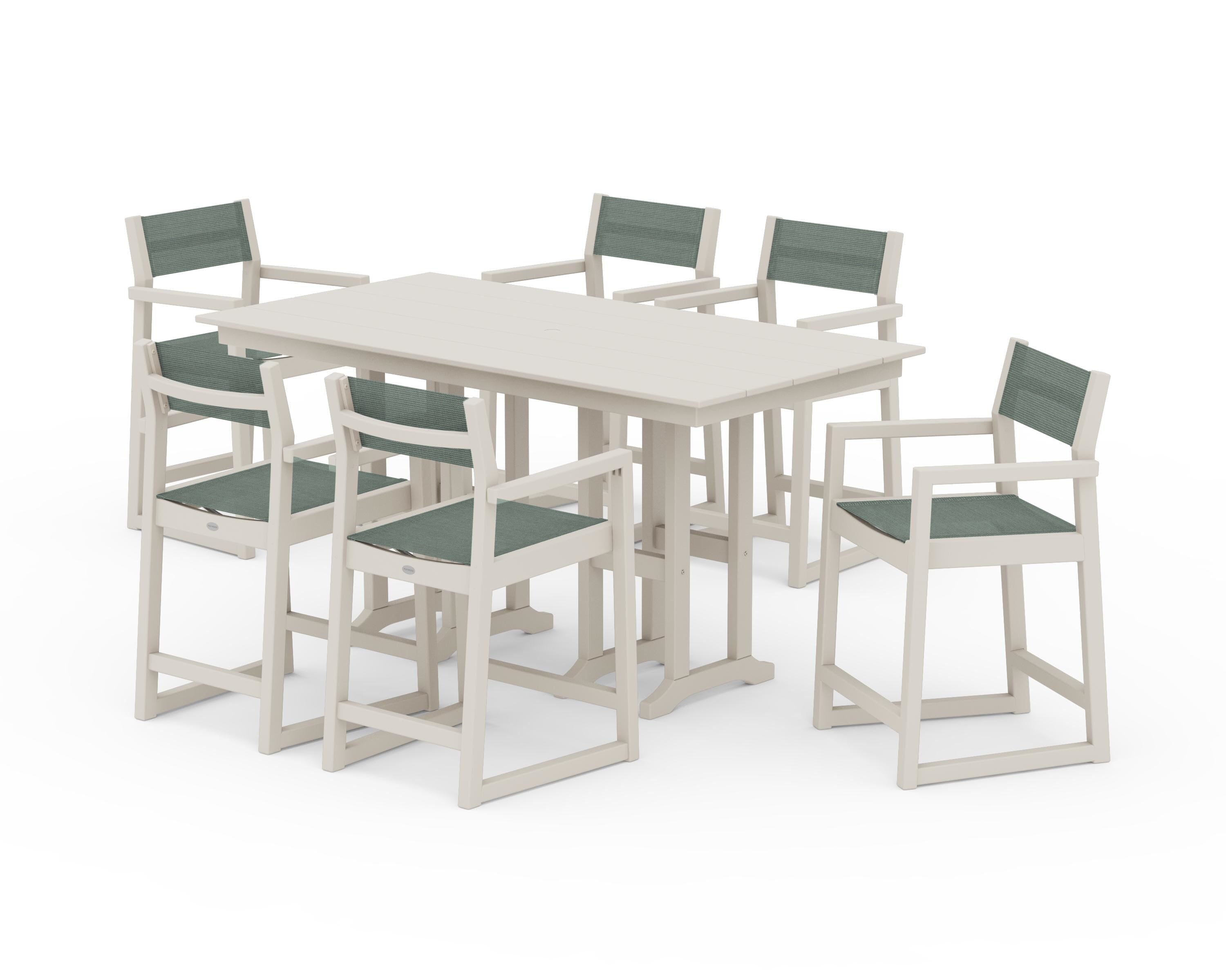 POLYWOOD EDGE Sling Arm Chair 7-Piece Farmhouse Counter Set in Sand / Dupioni Sea Mist Sling