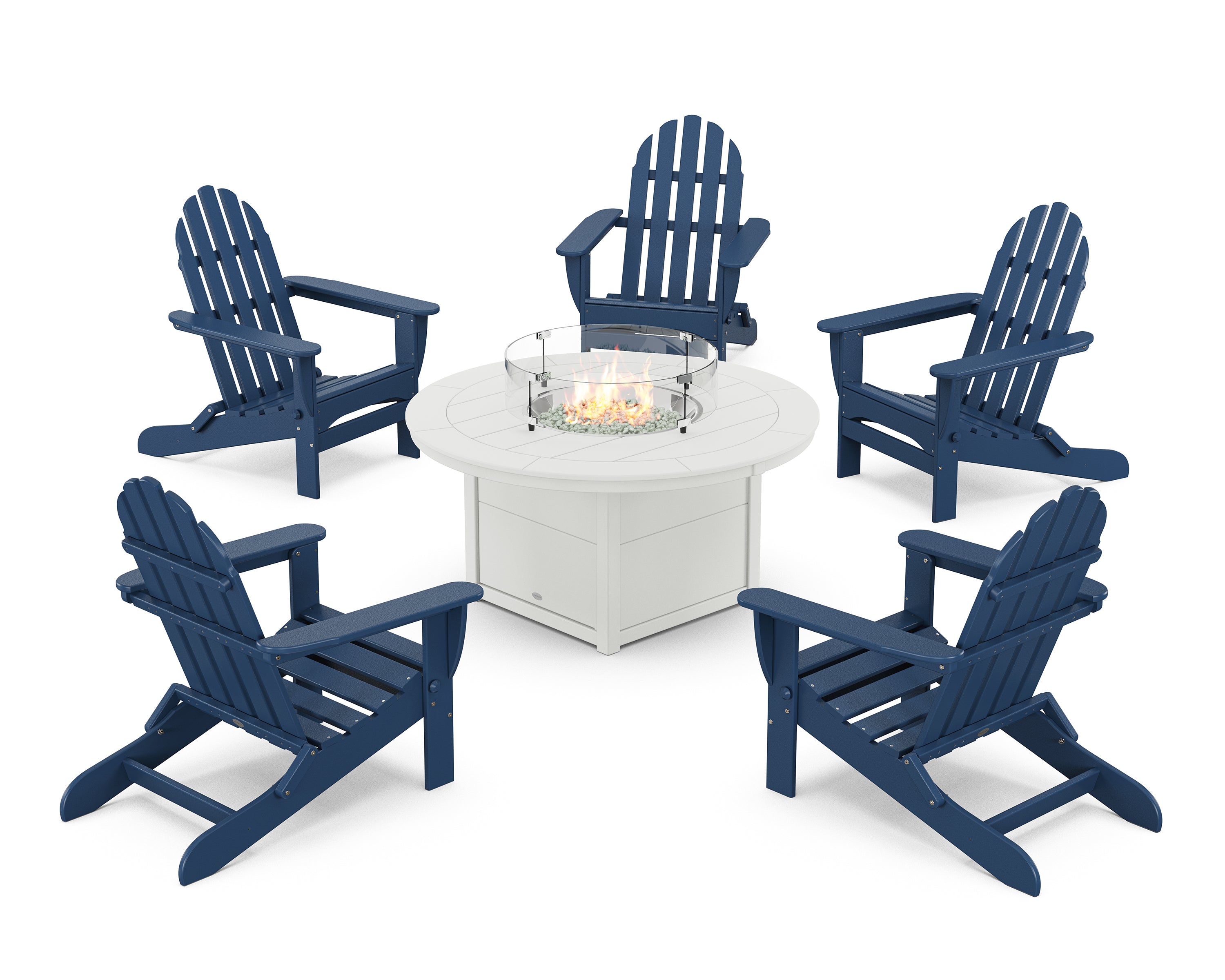 POLYWOOD Classic Folding Adirondack 6-Piece Conversation Set with Fire Pit Table in Navy / White