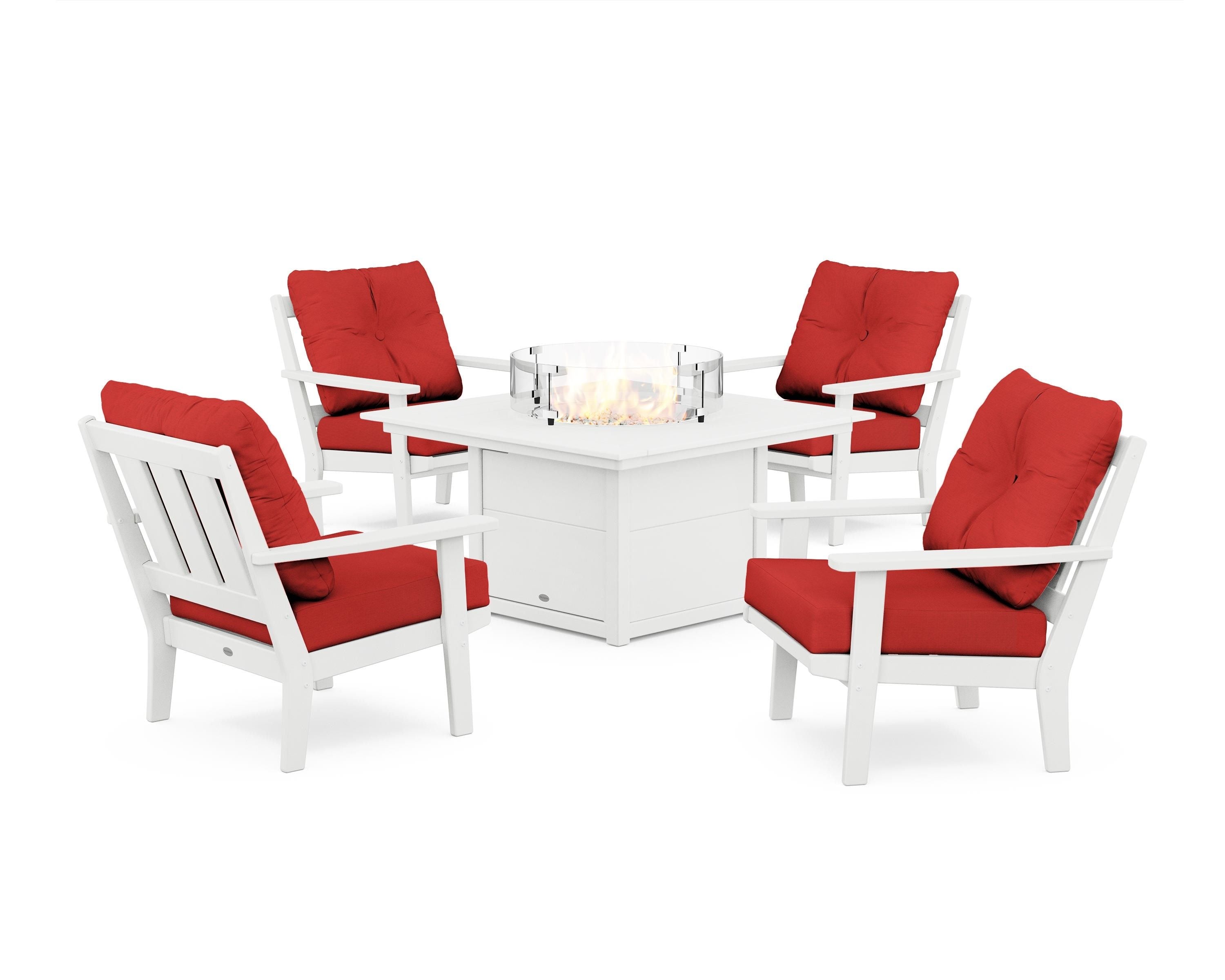 POLYWOOD Oxford 5-Piece Deep Seating Set with Fire Pit Table in White / Crimson Linen