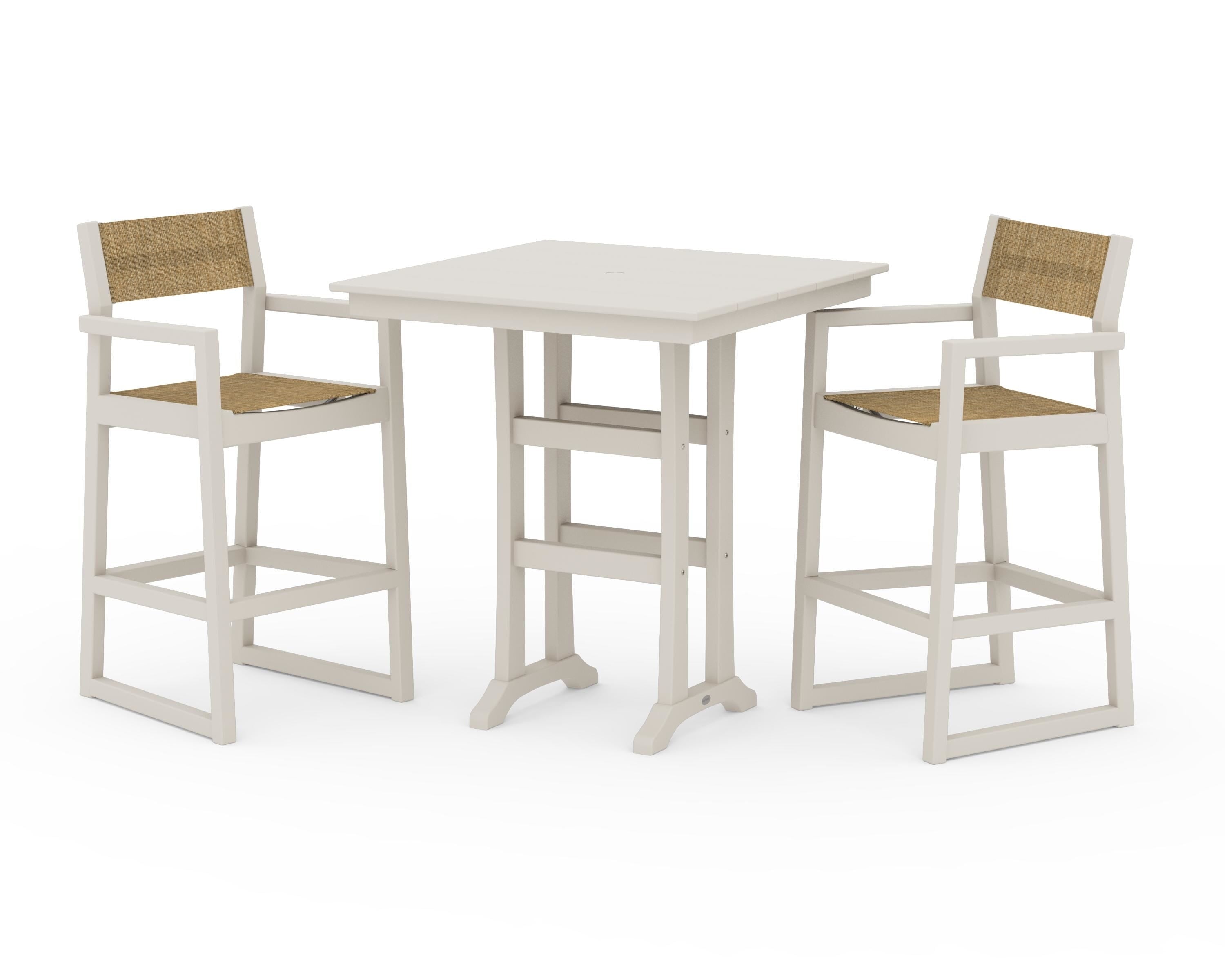 POLYWOOD EDGE Sling Arm Chair 3-Piece Farmhouse Bar Set with Trestle Legs in Sand / Burlap Sling