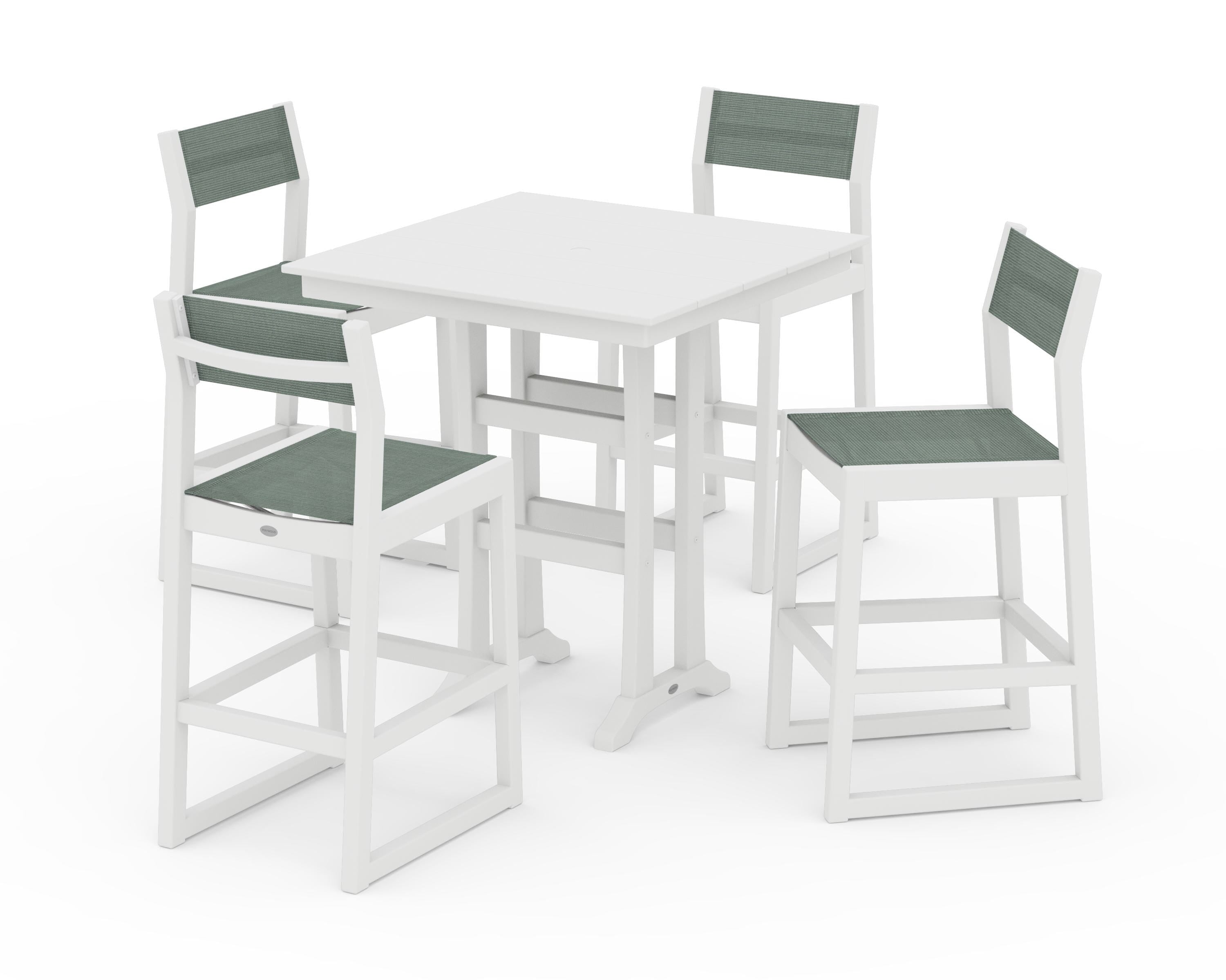 POLYWOOD EDGE Sling Arm Chair 5-Piece Farmhouse Bar Set with Trestle Legs in White / Dupioni Sea Mist Sling