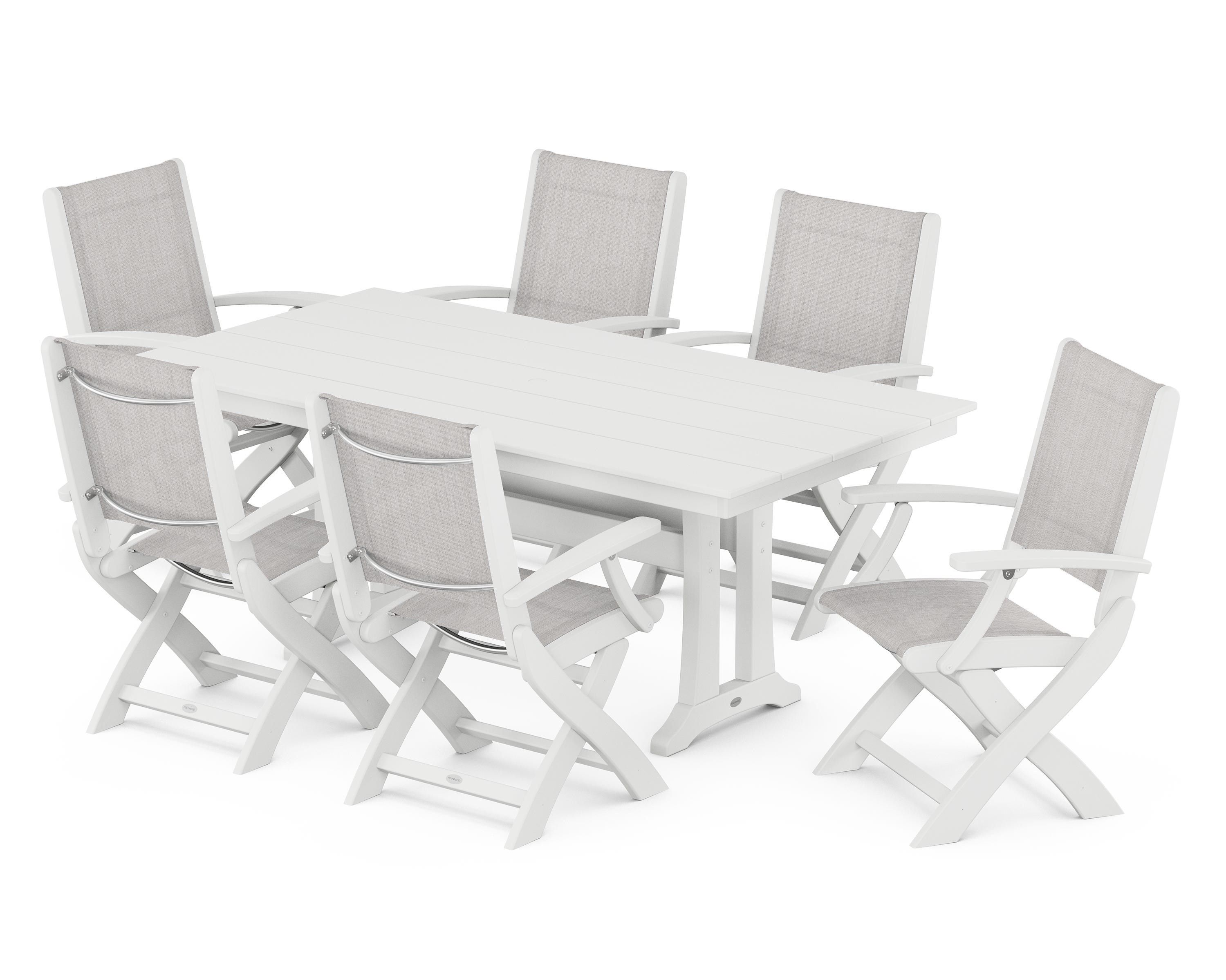 POLYWOOD Coastal Folding Arm Chair 7-Piece Farmhouse Dining Set with Trestle Legs in White / Parchment Sling