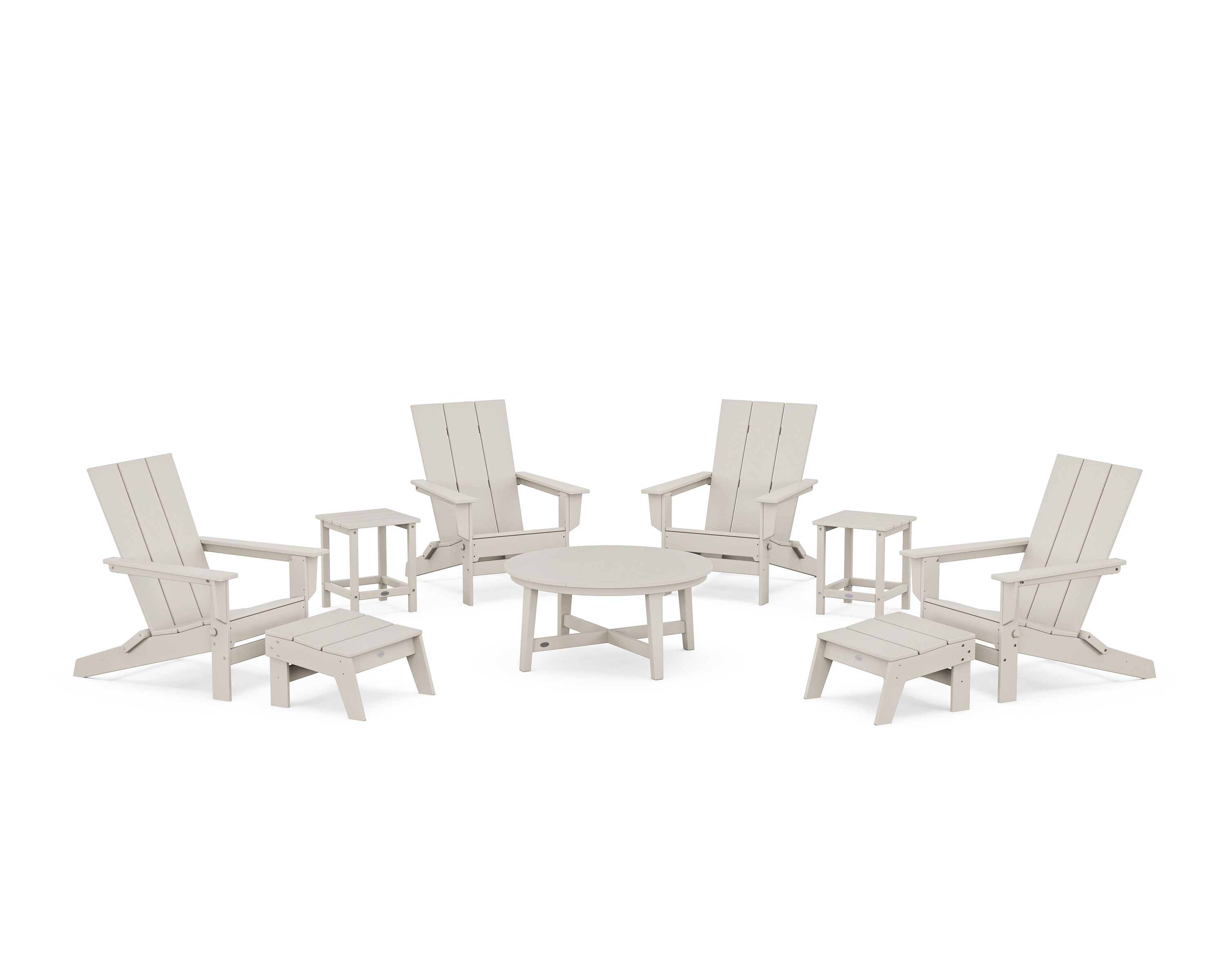 POLYWOOD Modern Studio Folding Adirondack 9-Piece Conversation Set in Sand
