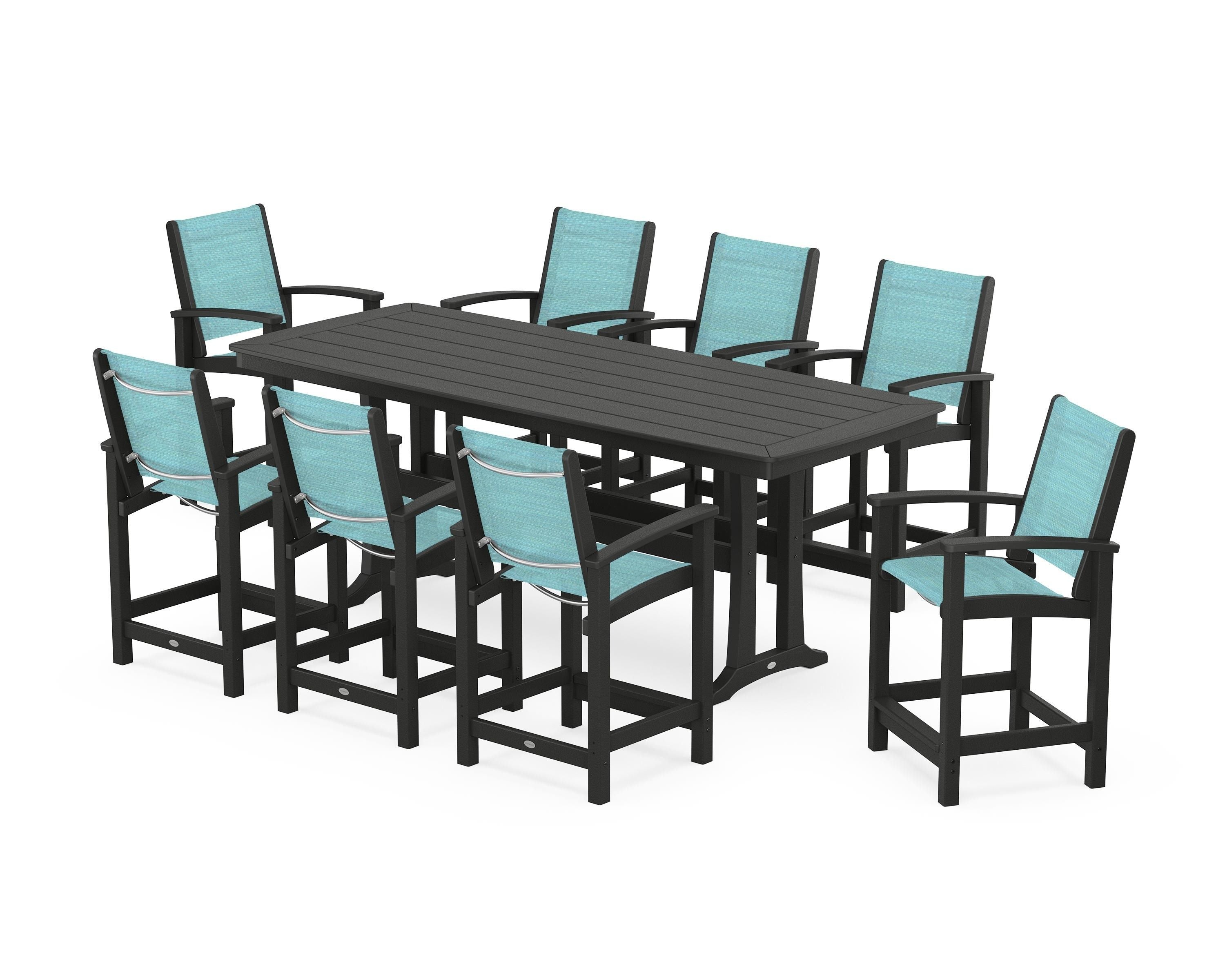 POLYWOOD Coastal 9-Piece Counter Set with Trestle Legs in Black / Dupioni Aquamarine Sling