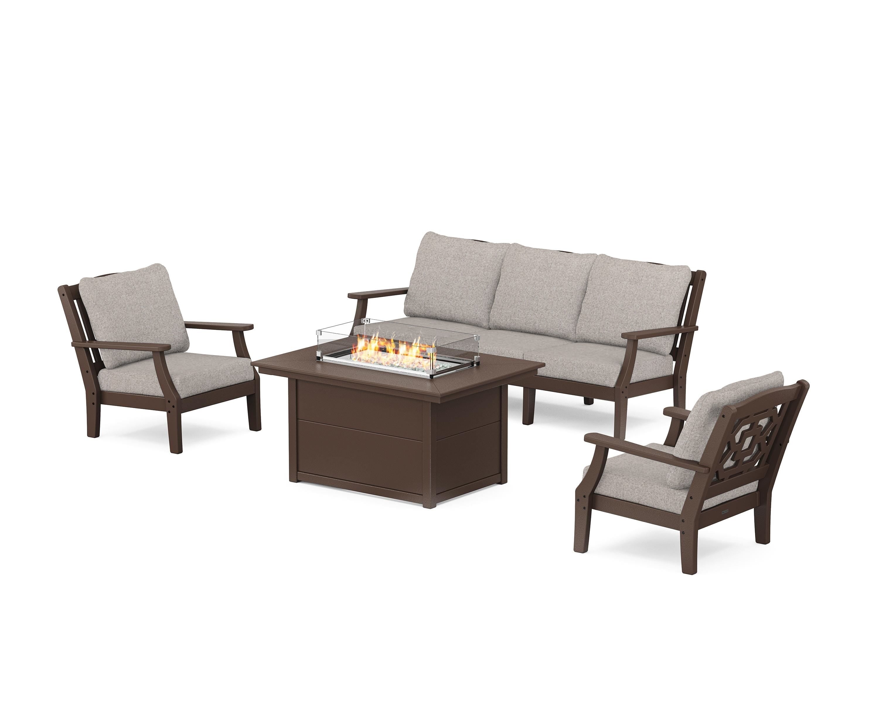 Martha Stewart by POLYWOOD Chinoiserie Deep Seating Fire Pit Table Set in Mahogany / Weathered Tweed