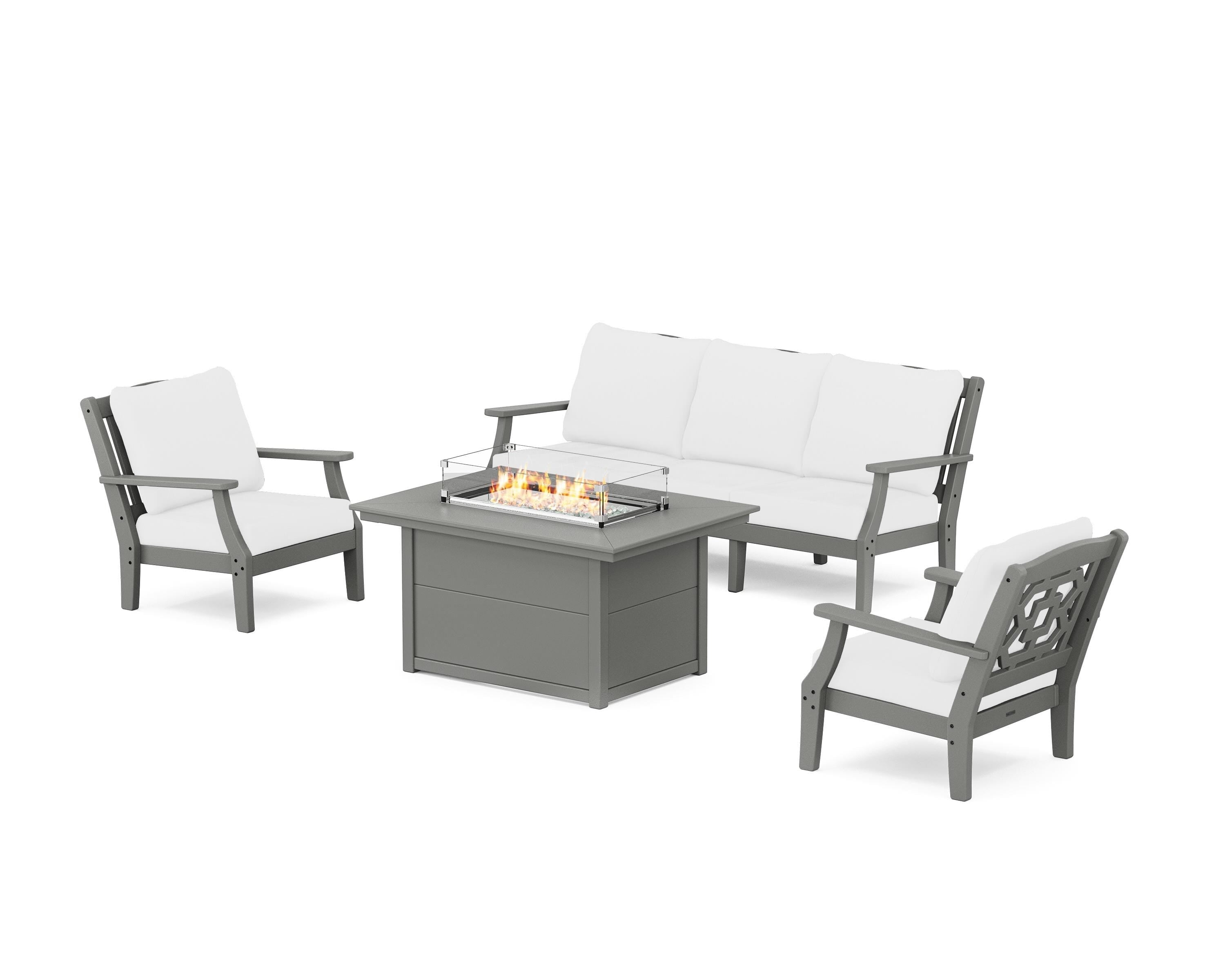 Martha Stewart by POLYWOOD Chinoiserie Deep Seating Fire Pit Table Set in Slate Grey / Natural