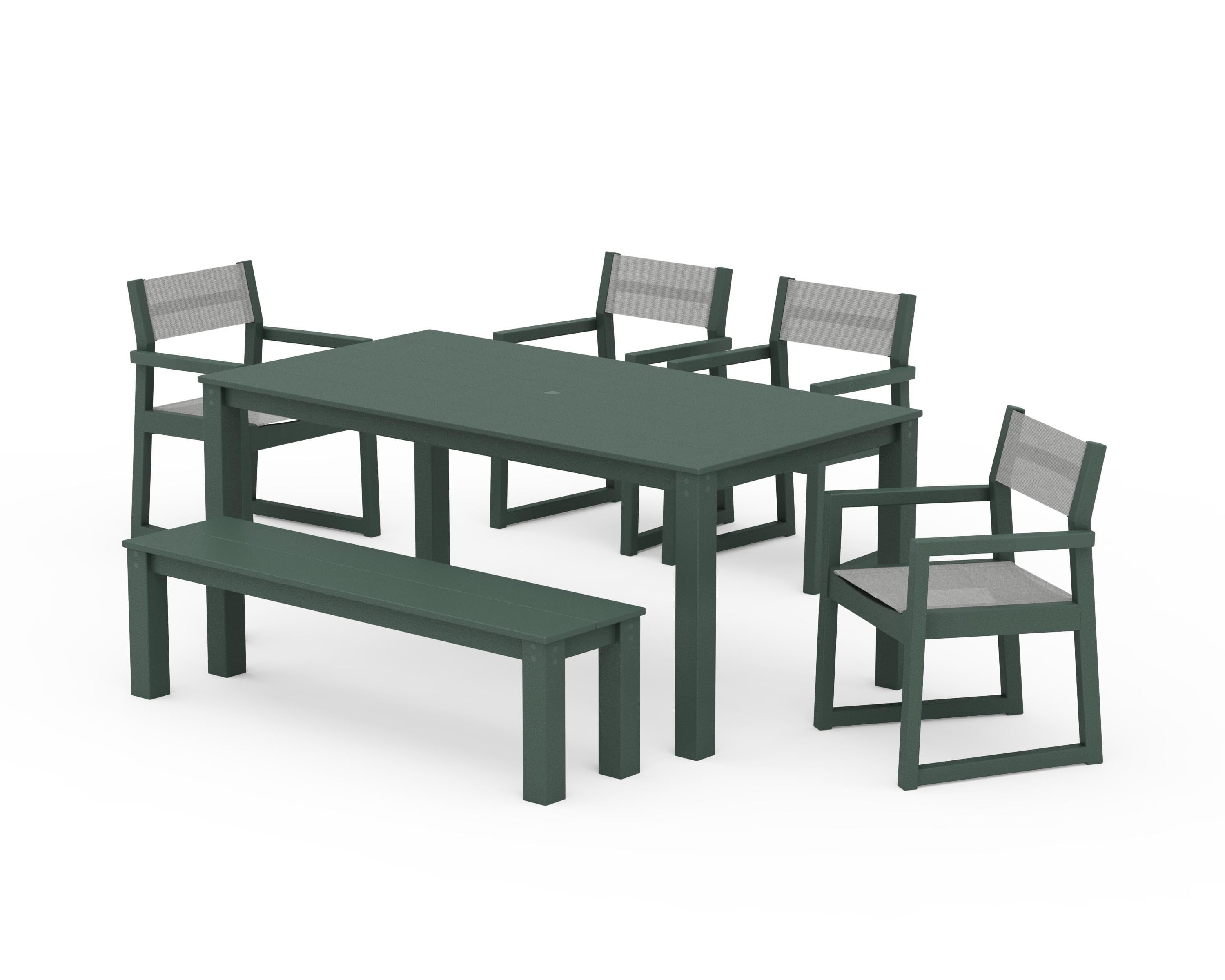 POLYWOOD EDGE Sling Arm Chair 6-Piece Parsons Dining Set with Bench in Green / Metallic Sling