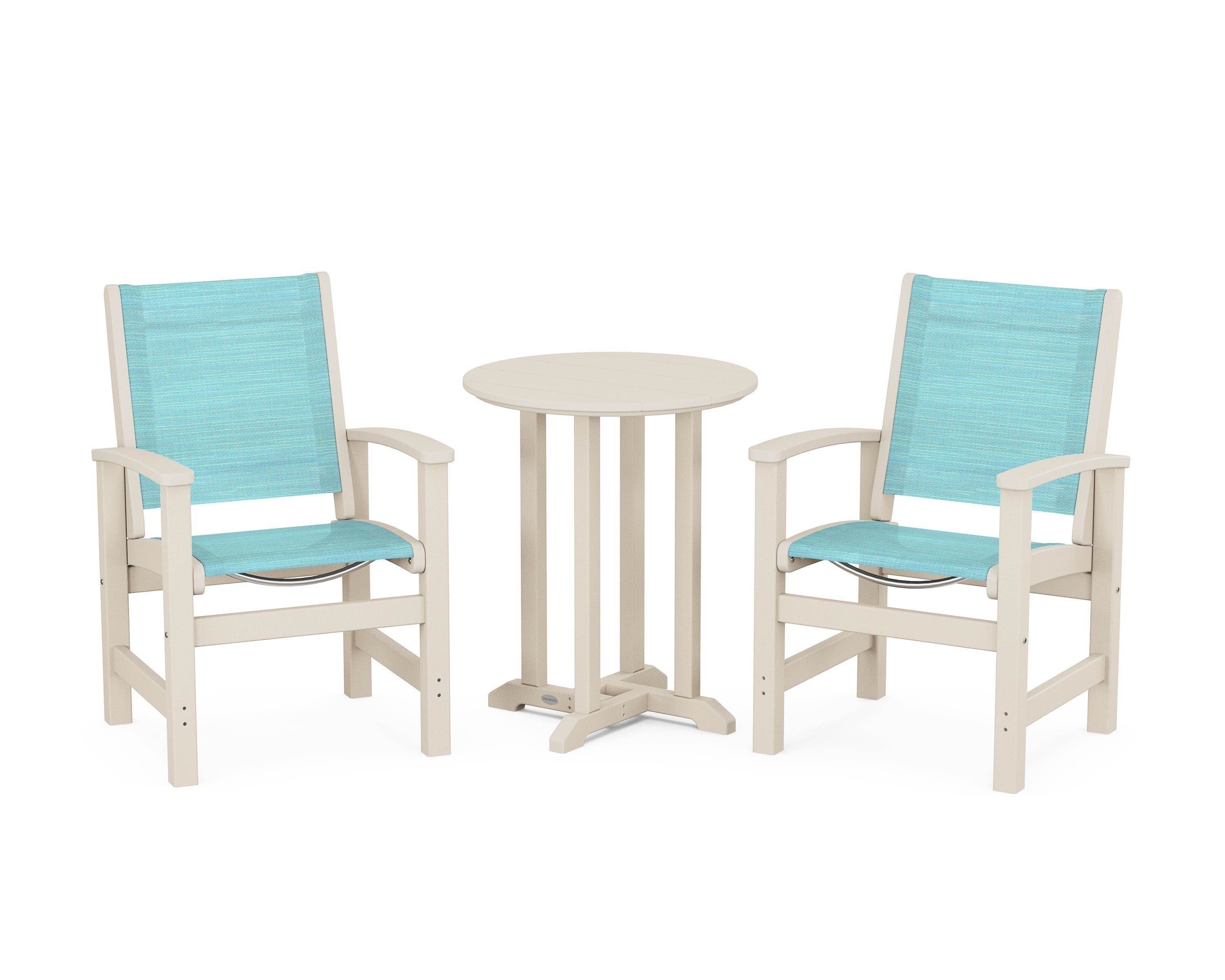 POLYWOOD Coastal 3-Piece Round Bistro Dining Set in Sand / Dupioni Aquamarine Sling