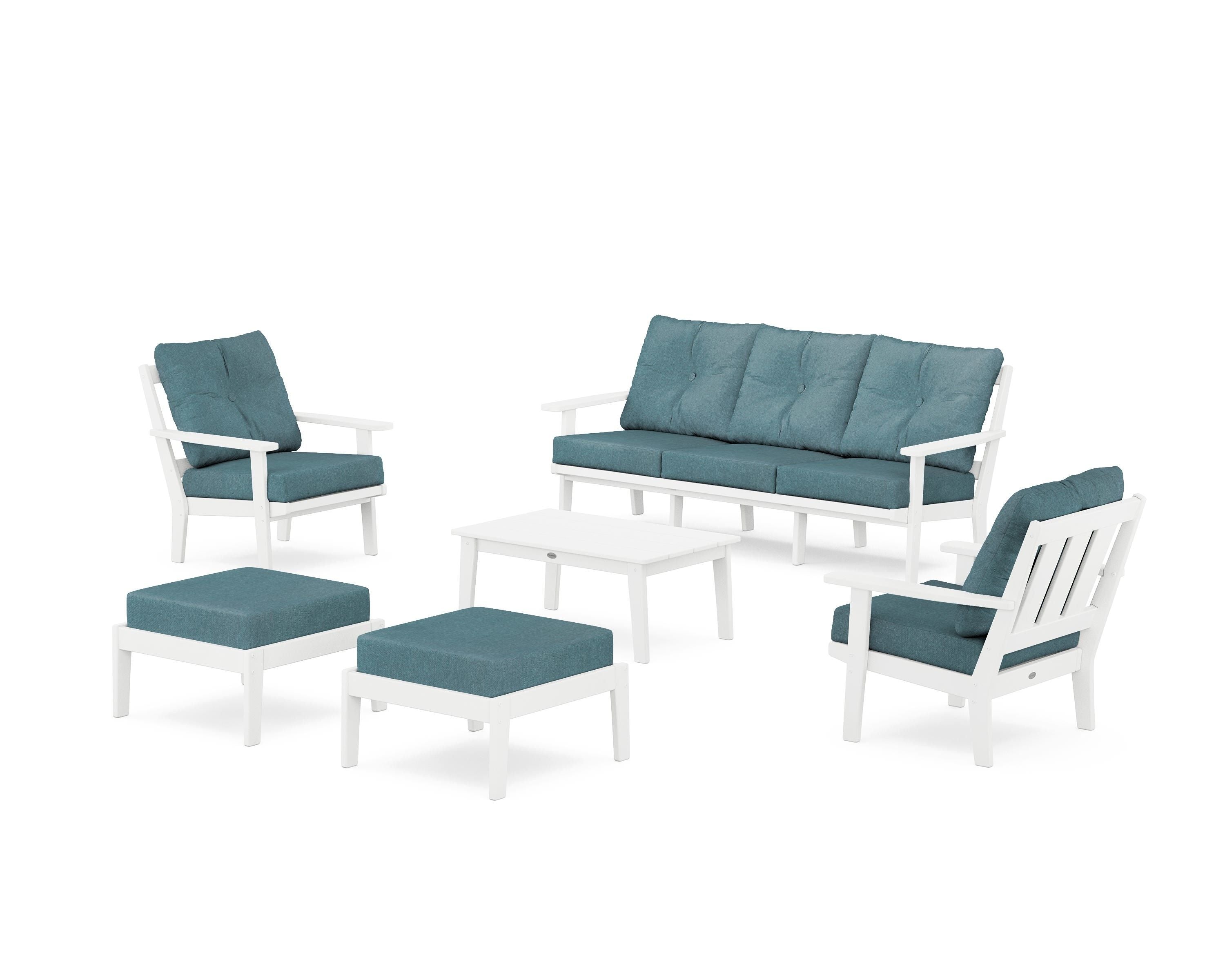 POLYWOOD Oxford 6-Piece Lounge Sofa Set in White / Ocean Teal