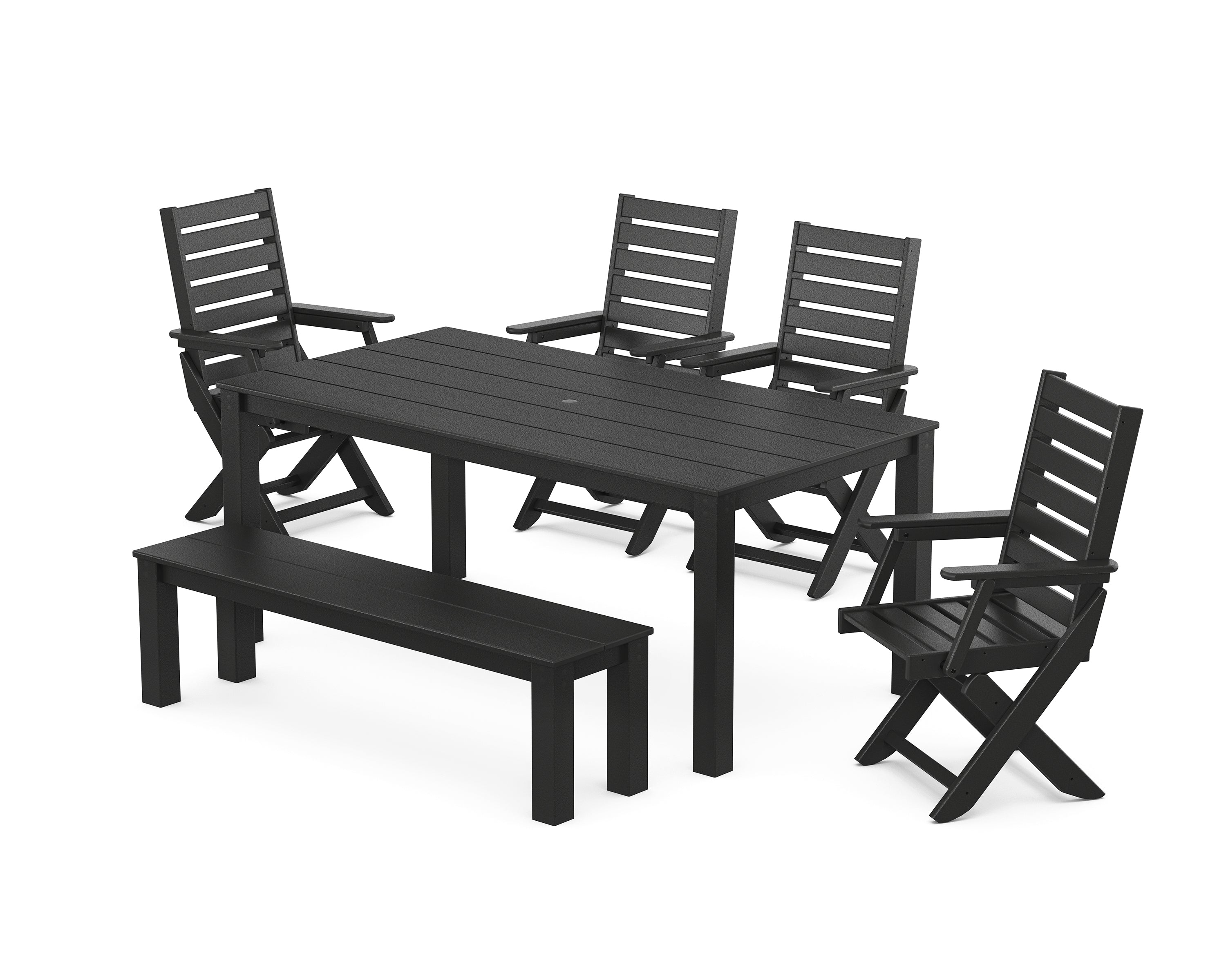 POLYWOOD Captain Folding Chair 6-Piece Parsons Dining Set with Bench in Black