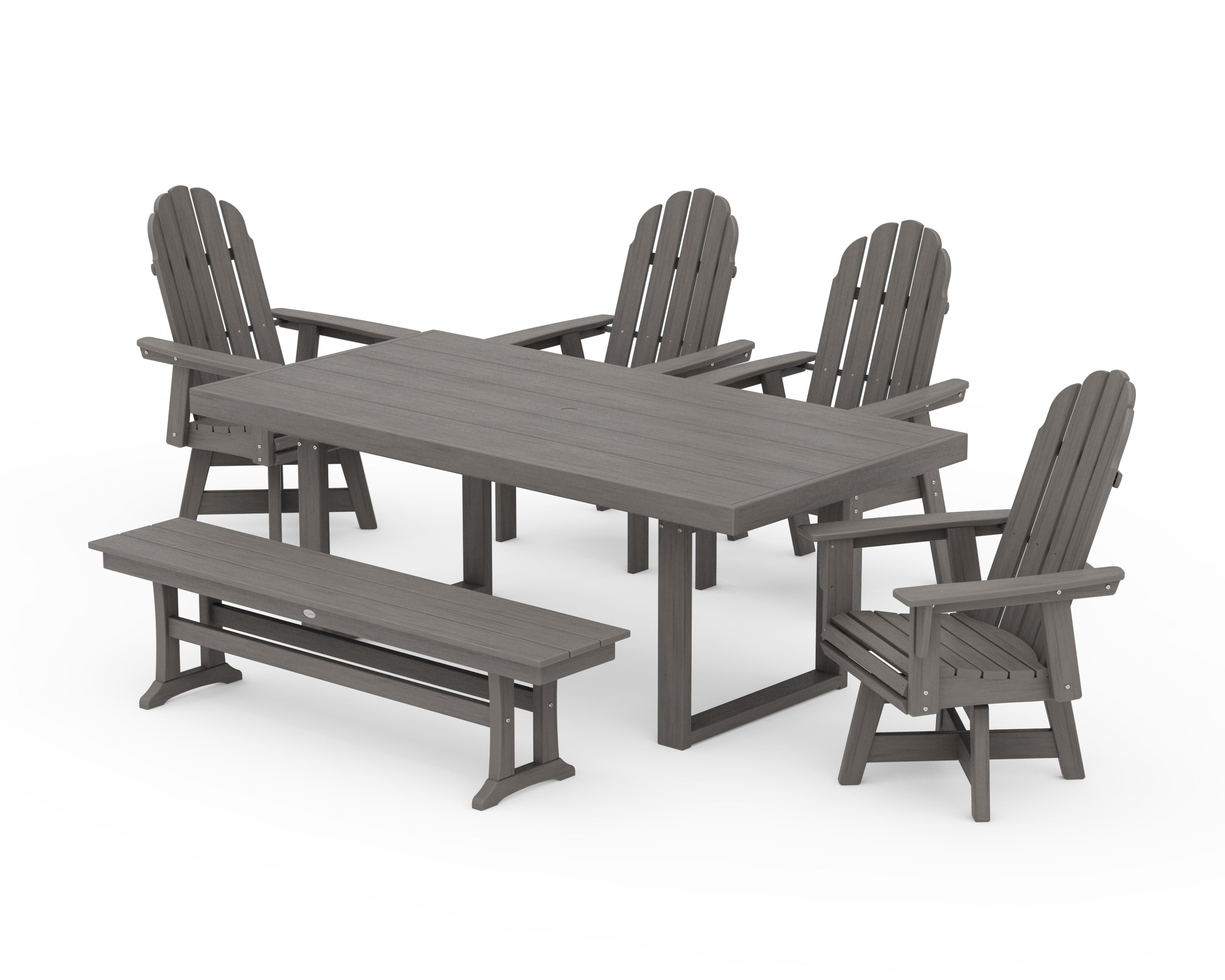 POLYWOOD Vineyard Curveback Adirondack Swivel Chair 6-Piece Dining Set with Bench in Driftwood