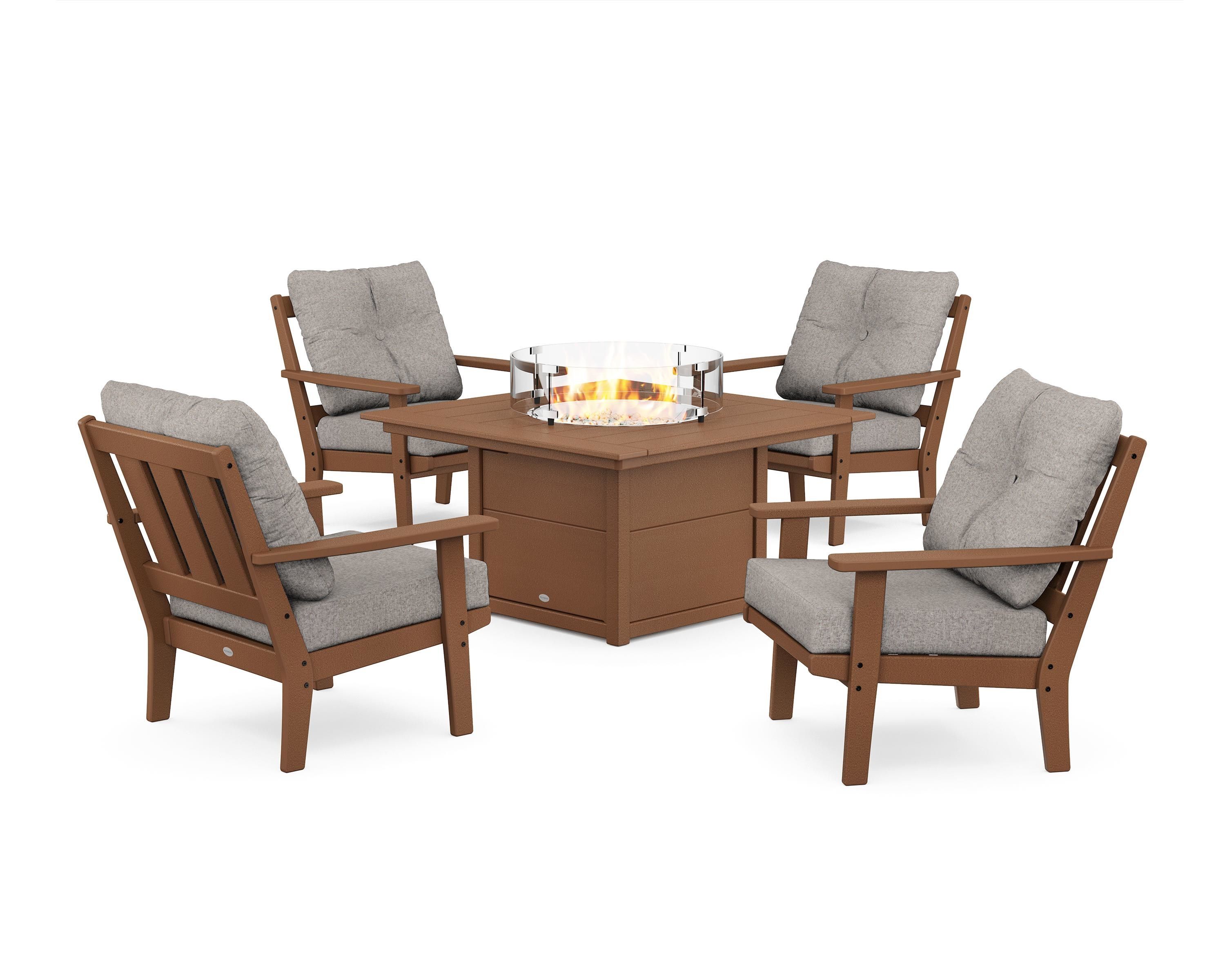 POLYWOOD Oxford 5-Piece Deep Seating Set with Fire Pit Table in Teak / Weathered Tweed