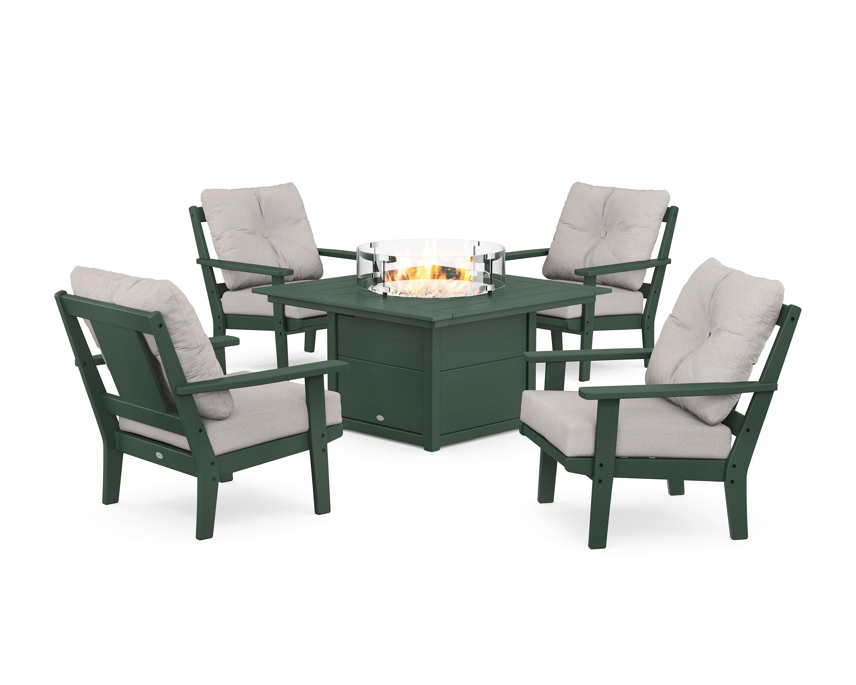 POLYWOOD Prairie 5-Piece Deep Seating Set with Fire Pit Table in Green / Dune Burlap