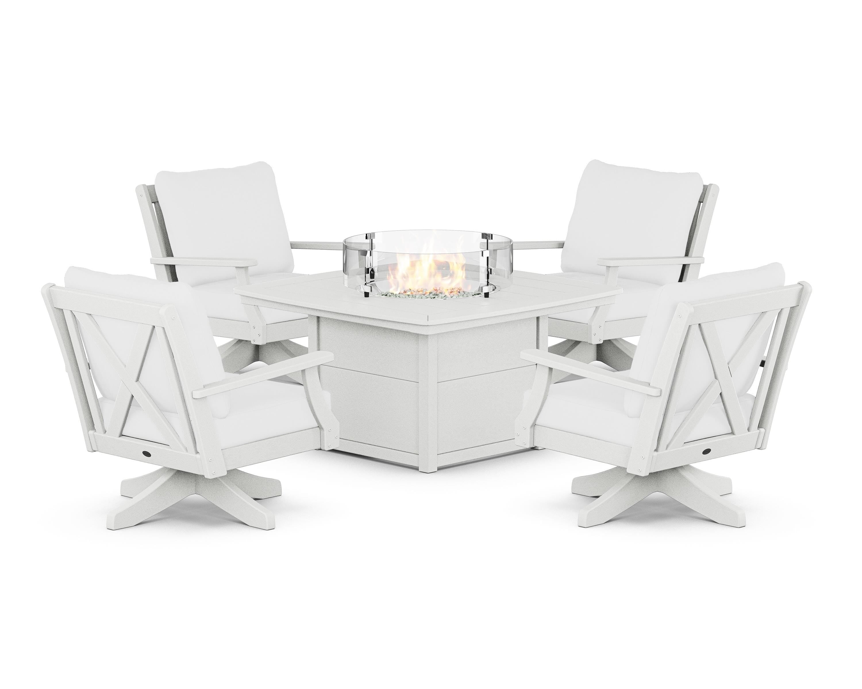 POLYWOOD Braxton 5-Piece Deep Seating Swivel Conversation Set with Fire Pit Table in Vintage White / Natural