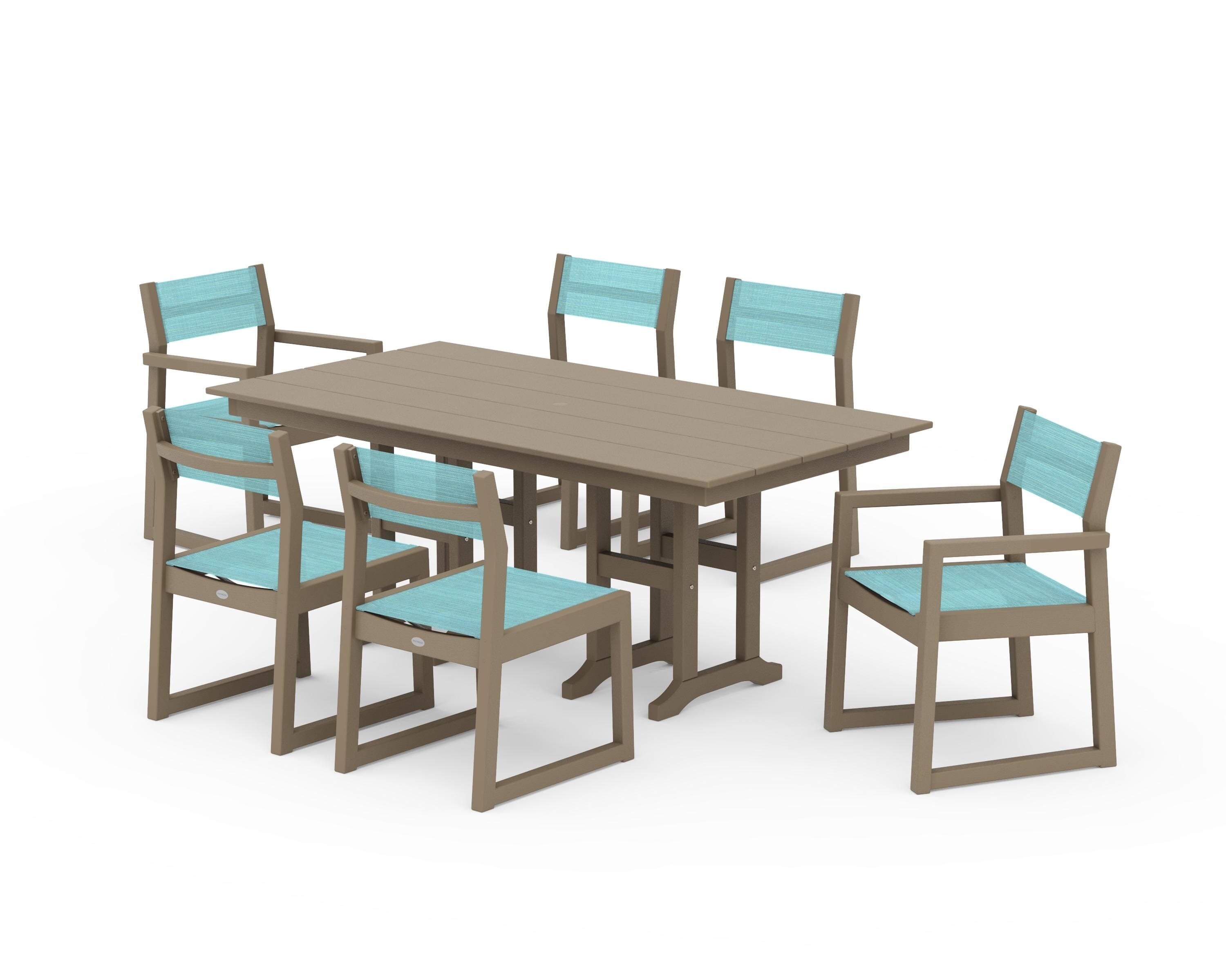 POLYWOOD EDGE Sling 7-Piece Farmhouse Dining Set in Vintage Sahara / Dupioni Aquamarine Sling