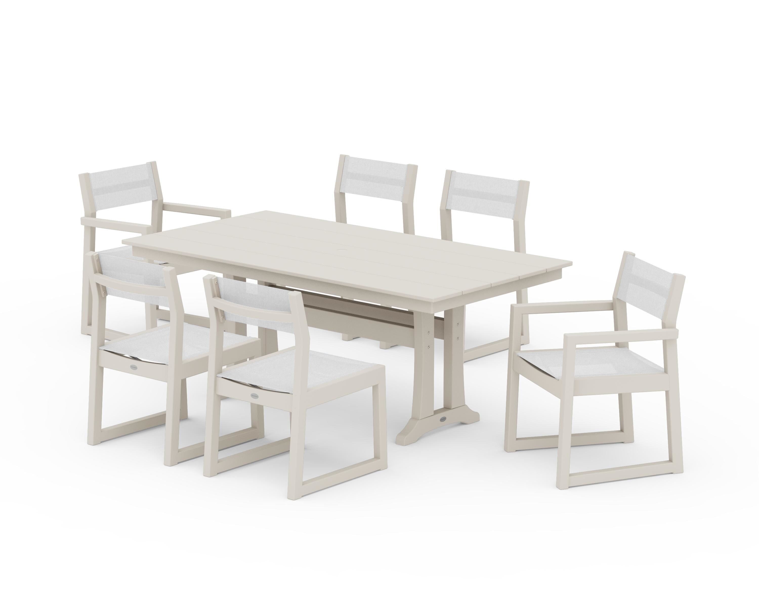 POLYWOOD EDGE Sling 7-Piece Farmhouse Trestle Dining Set in Sand / White Sling
