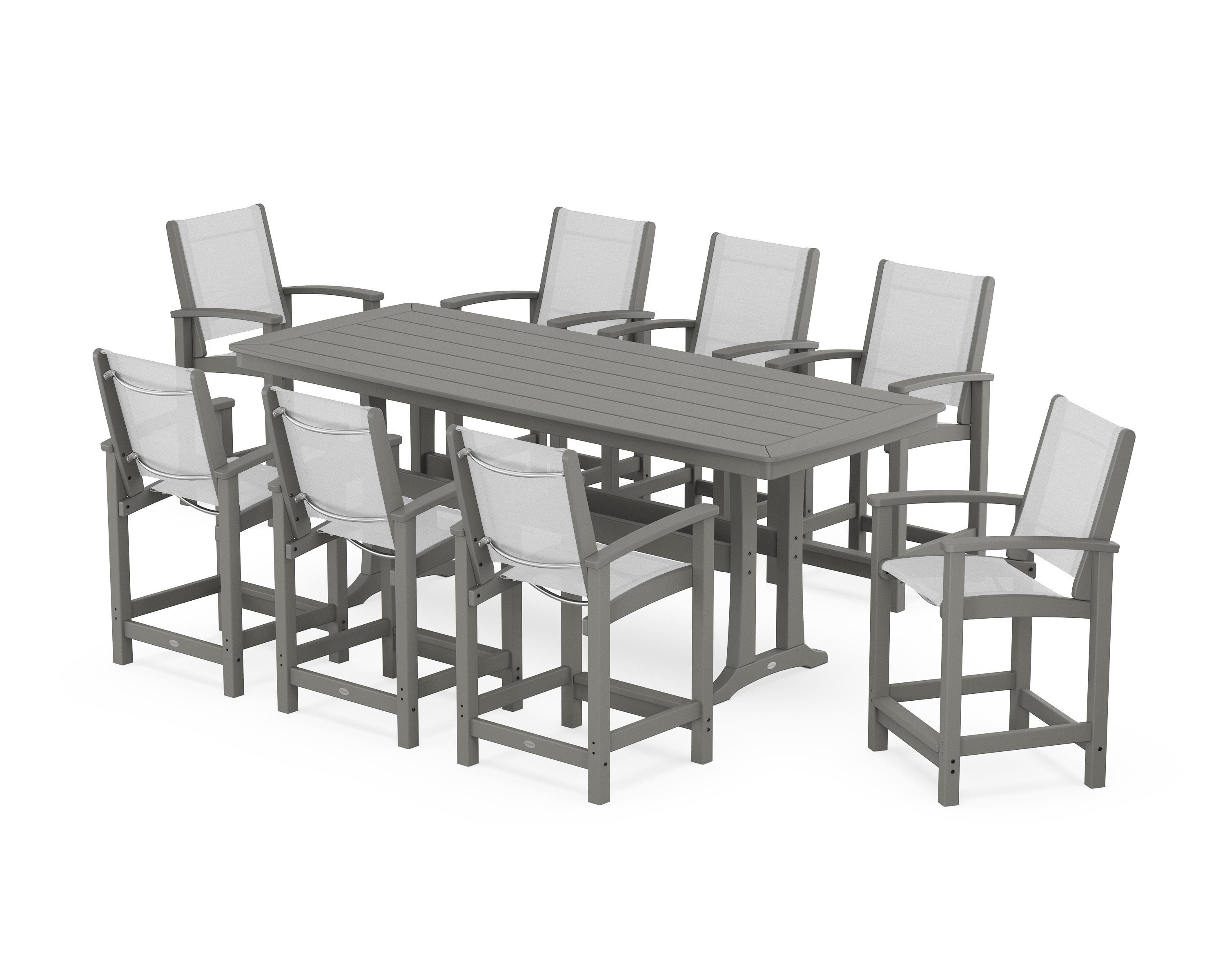 POLYWOOD Coastal 9-Piece Counter Set with Trestle Legs in Slate Grey / White Sling