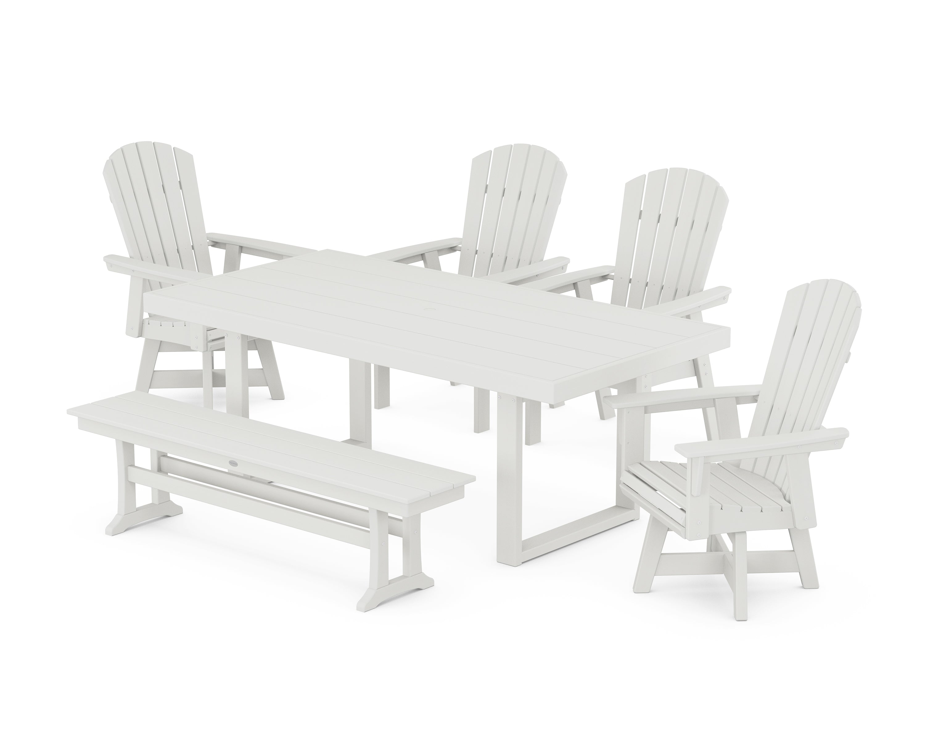 POLYWOOD® Nautical Curveback Adirondack Swivel Chair 6-Piece Dining Set with Bench in Vintage White