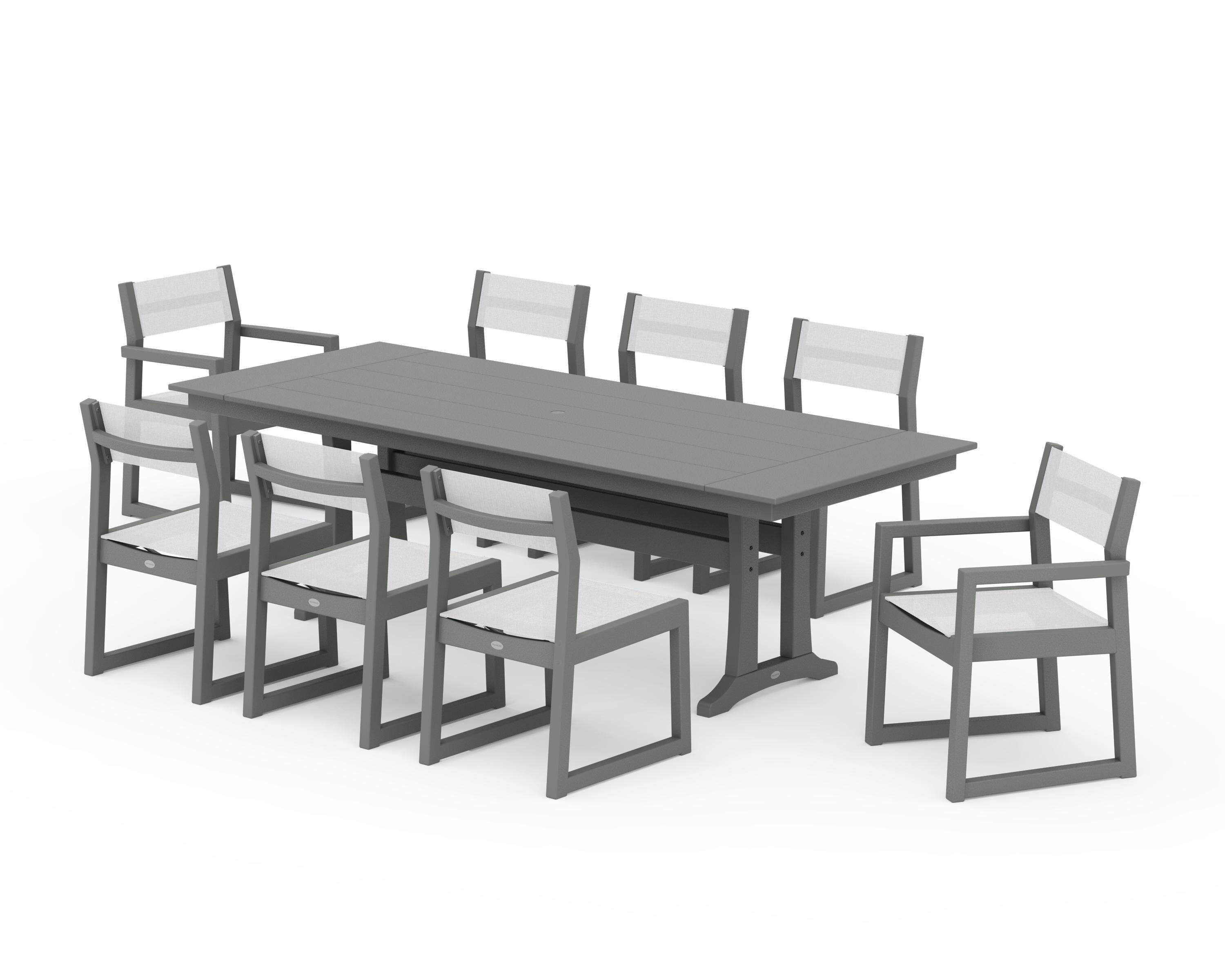 POLYWOOD EDGE Sling 9-Piece Farmhouse Trestle Dining Set in Slate Grey / White Sling