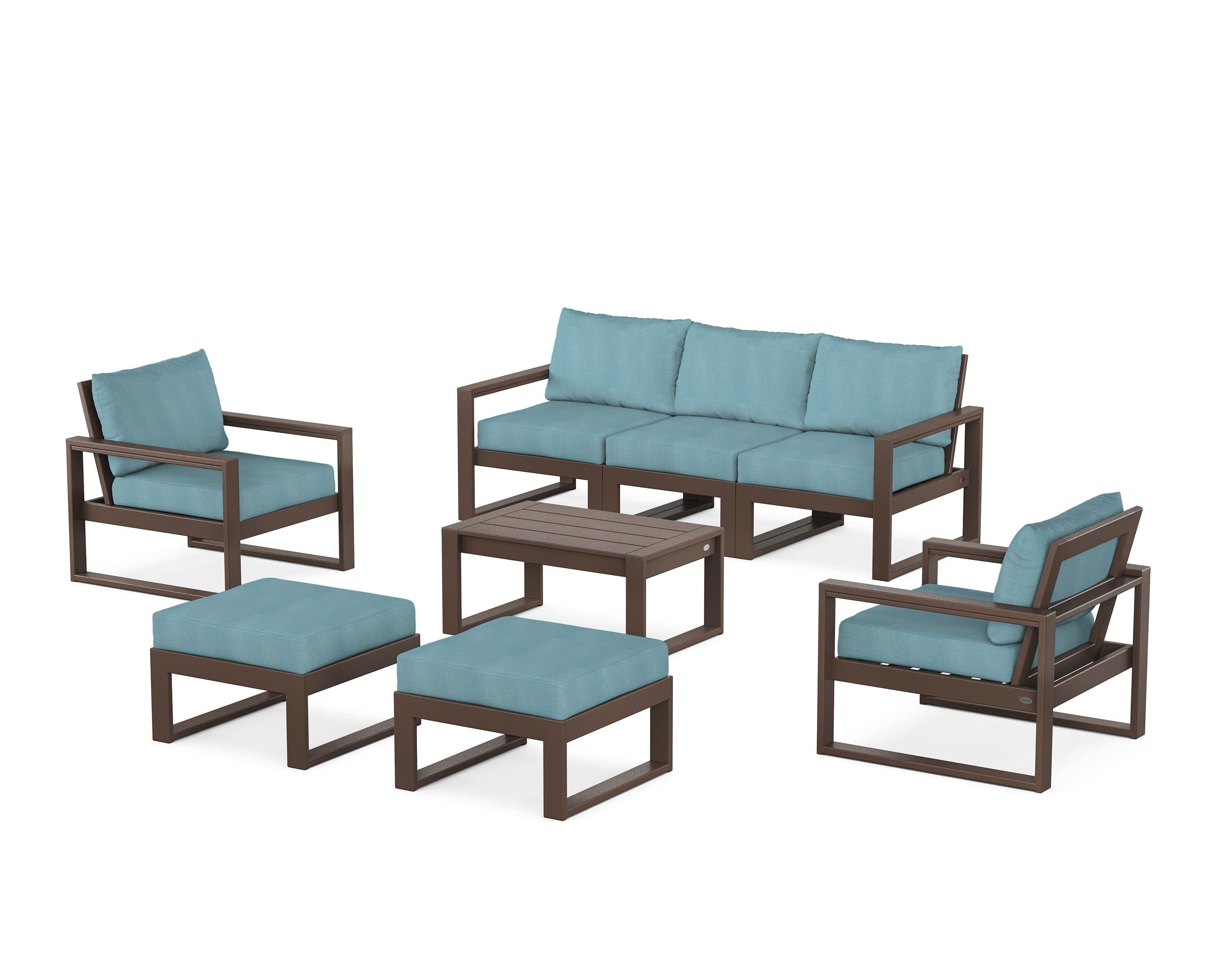 POLYWOOD EDGE Sectional 8-Piece Lounge Sofa Set in Mahogany / Lattice Sky Blue