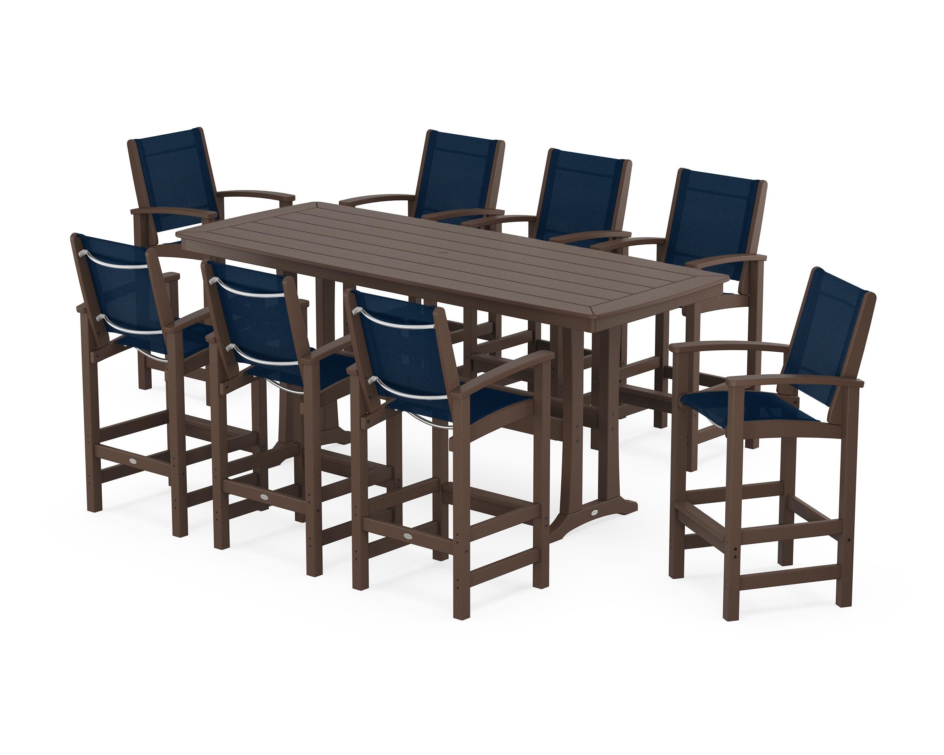 POLYWOOD Coastal 9-Piece Bar Set with Trestle Legs in Mahogany / Navy Blue Sling