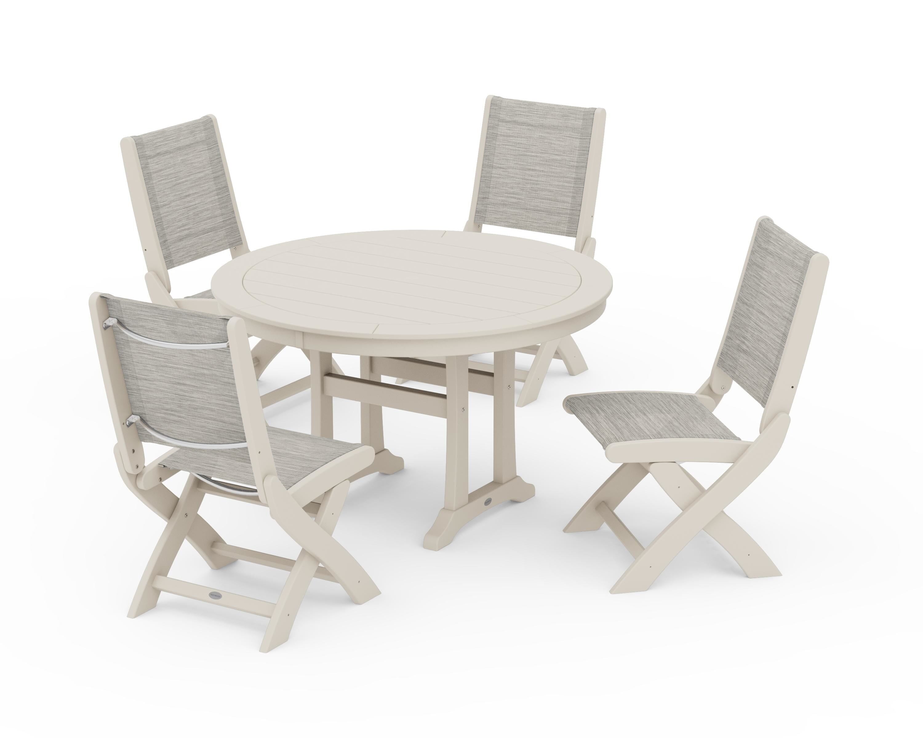 POLYWOOD Coastal Folding Side Chair 5-Piece Round Dining Set With Trestle Legs in Sand / Birch Sling