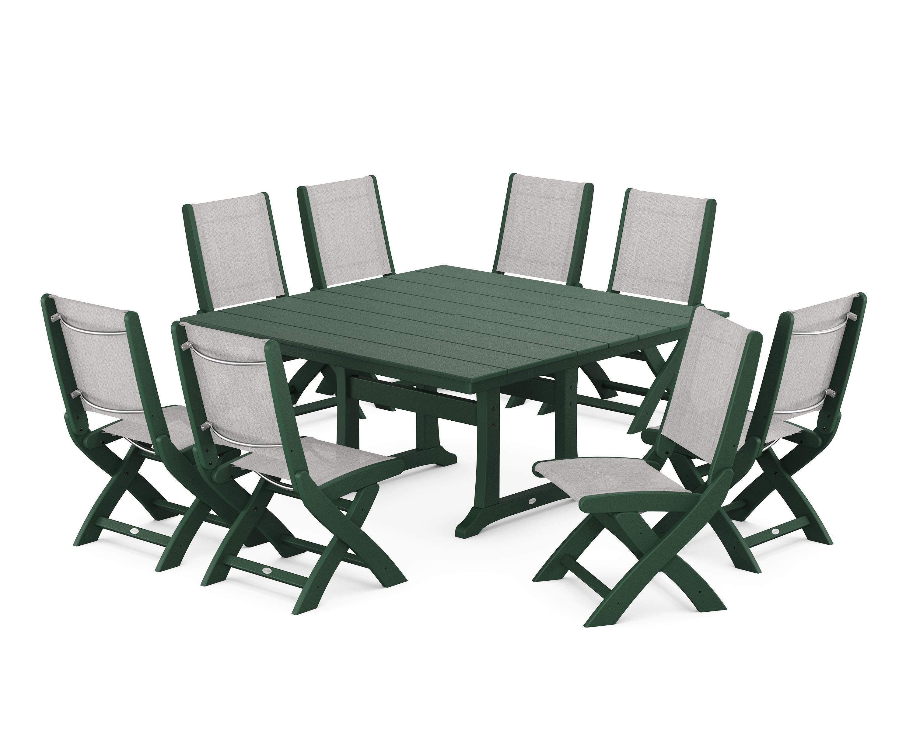 POLYWOOD Coastal Folding Side Chair 9-Piece Farmhouse Dining Set in Green / Parchment Sling