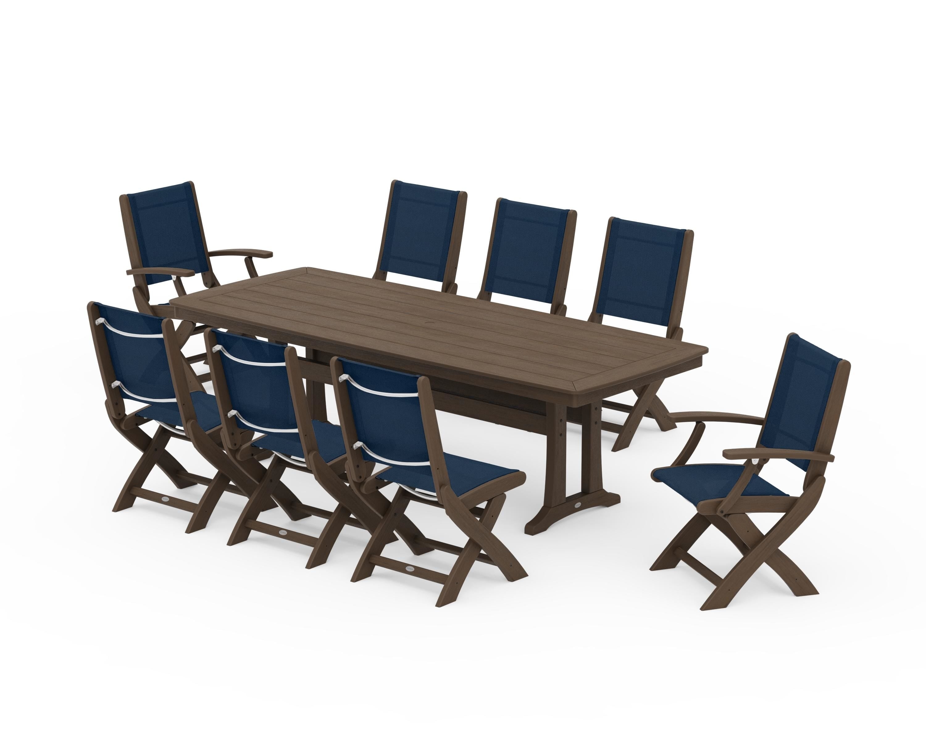 POLYWOOD Coastal Folding 9-Piece Dining Set with Trestle Legs in Kona / Navy Blue Sling