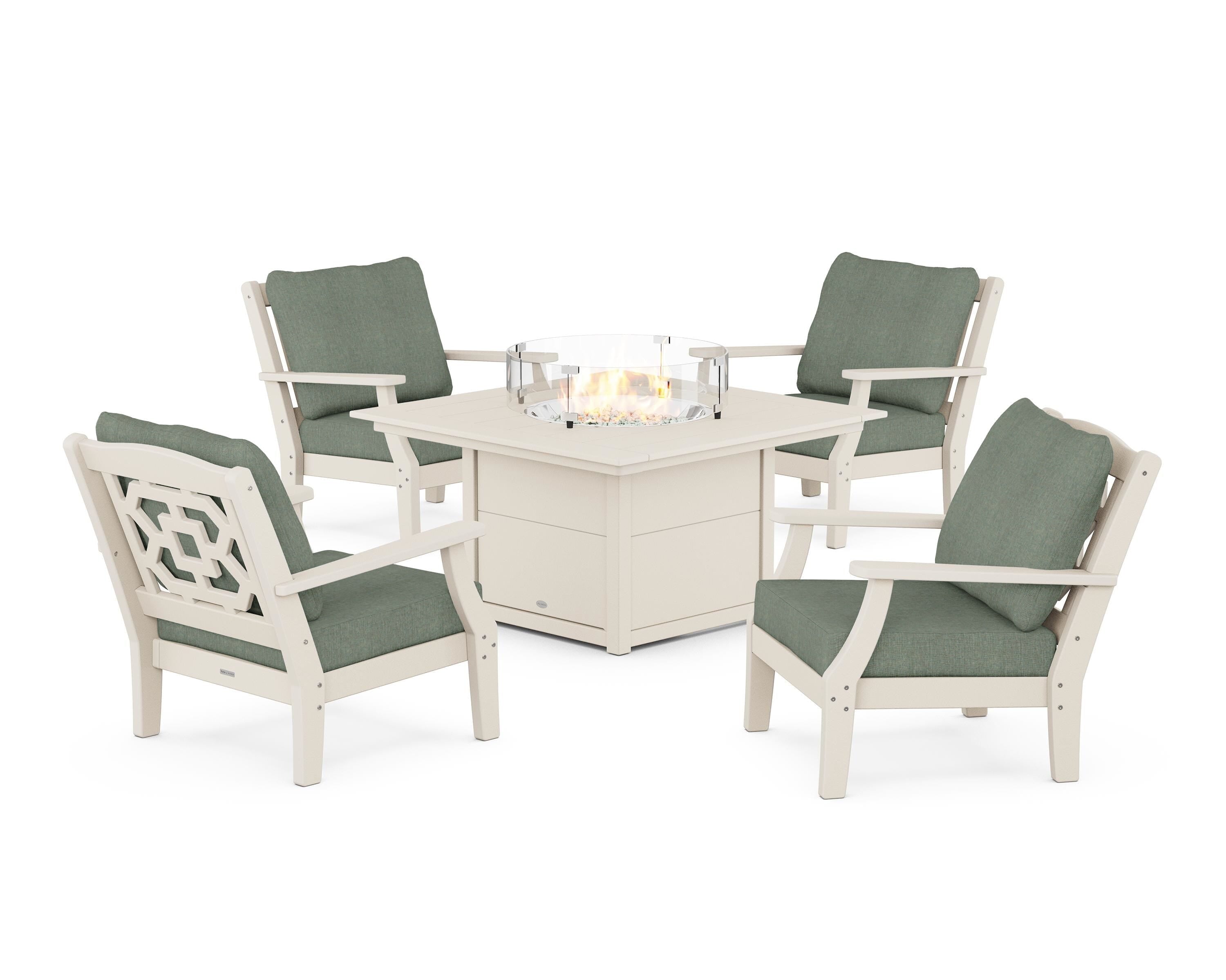 Martha Stewart by POLYWOOD Chinoiserie 5-Piece Deep Seating Set with Fire Pit Table in Sand / Cast Sage