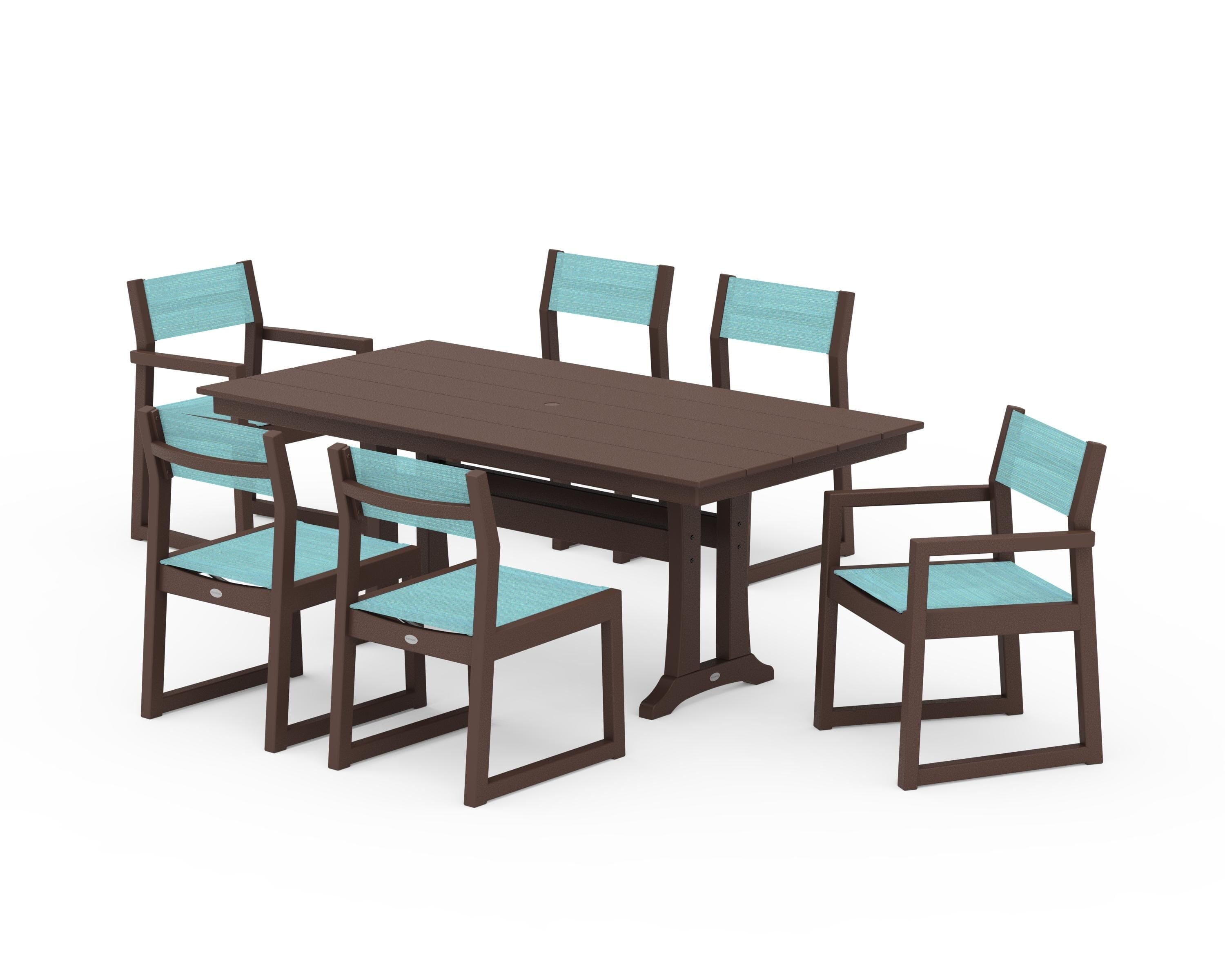 POLYWOOD EDGE Sling 7-Piece Farmhouse Trestle Dining Set in Mahogany / Dupioni Aquamarine Sling