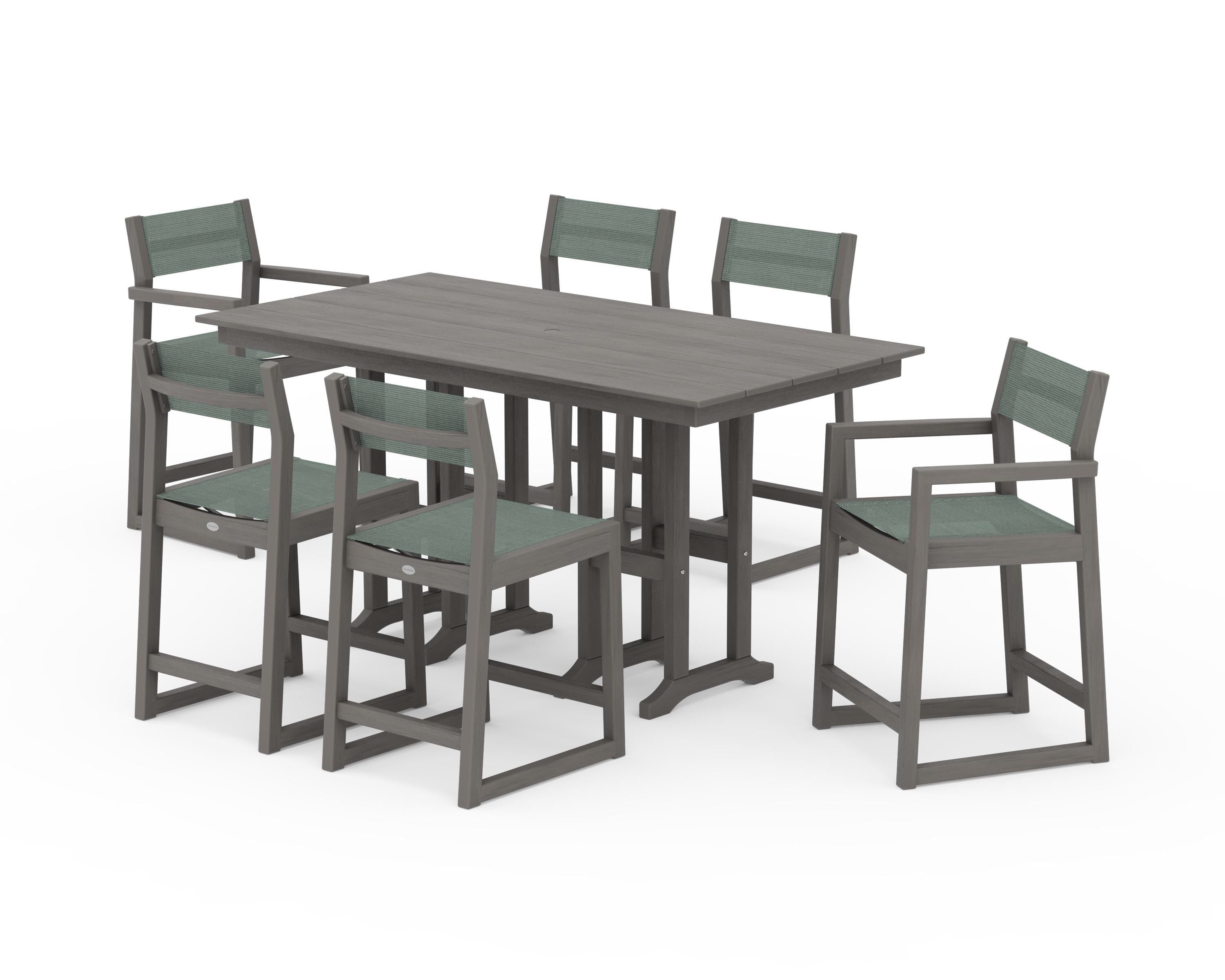 POLYWOOD EDGE Sling 7-Piece Farmhouse Counter Set with Trestle Legs in Driftwood / Dupioni Sea Mist Sling