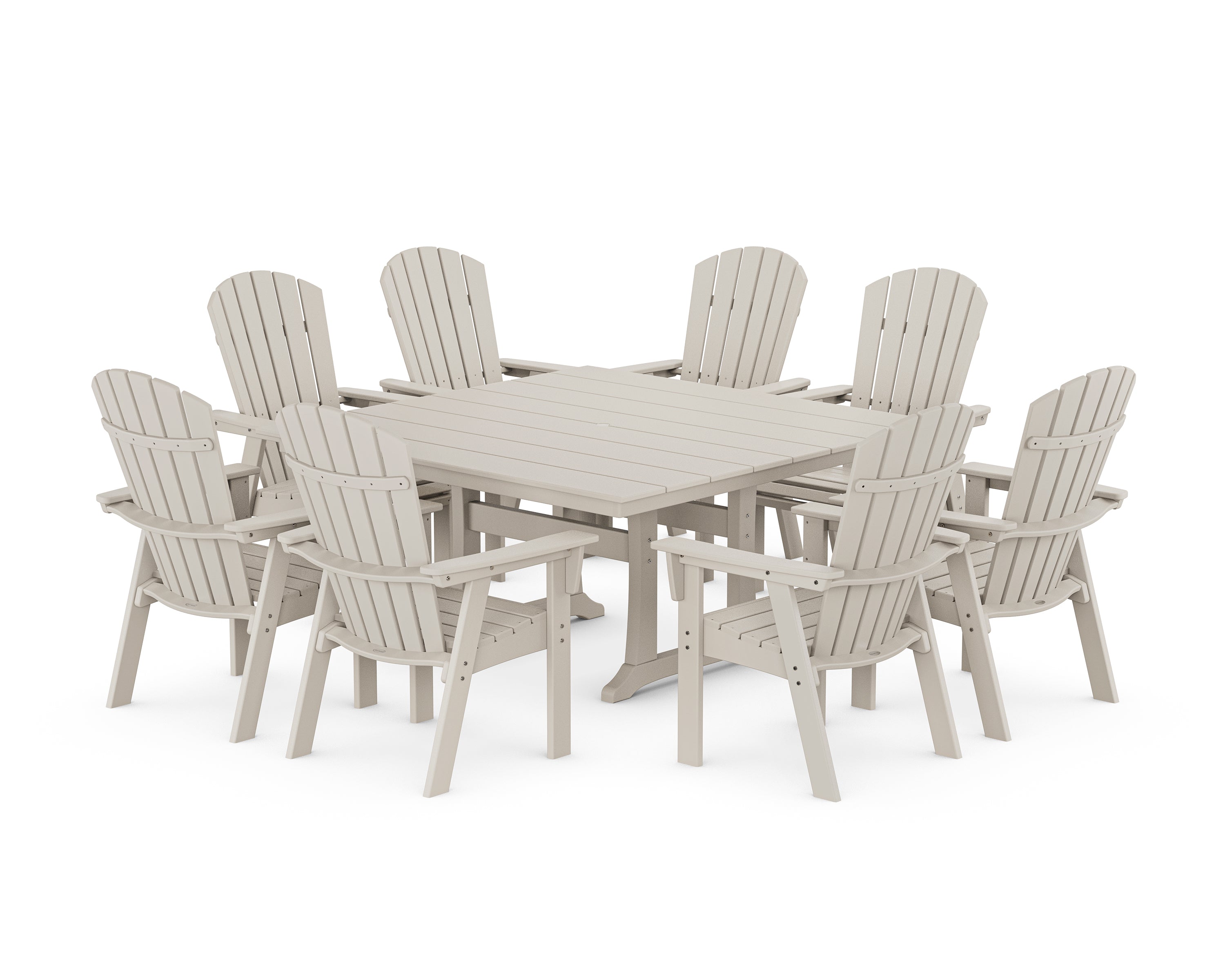 POLYWOOD Nautical Curveback Adirondack 9-Piece Square Dining Set with Trestle Legs in Sand