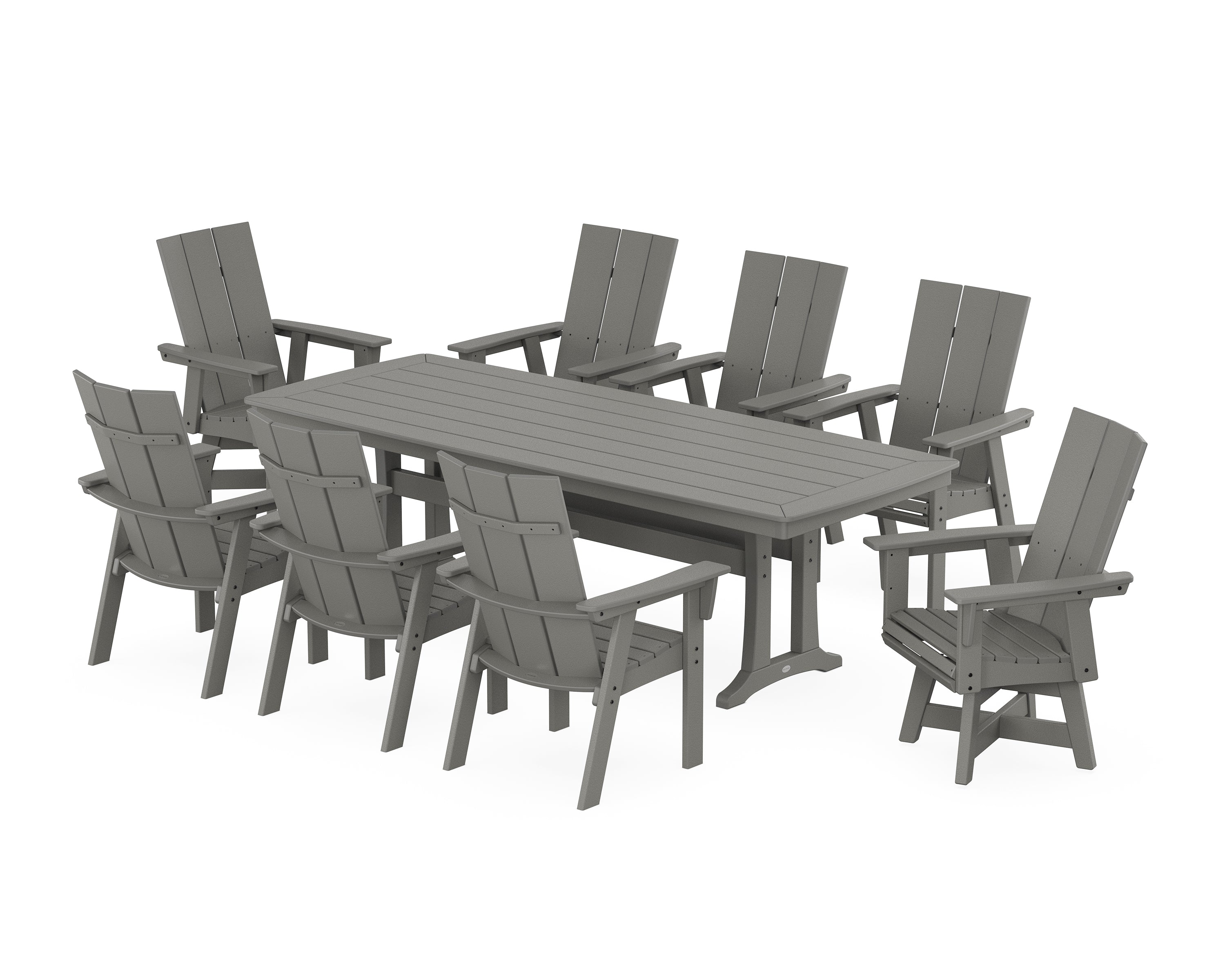 POLYWOOD® Modern Curveback Adirondack Swivel 9-Piece Dining Set with Trestle Legs in Slate Grey