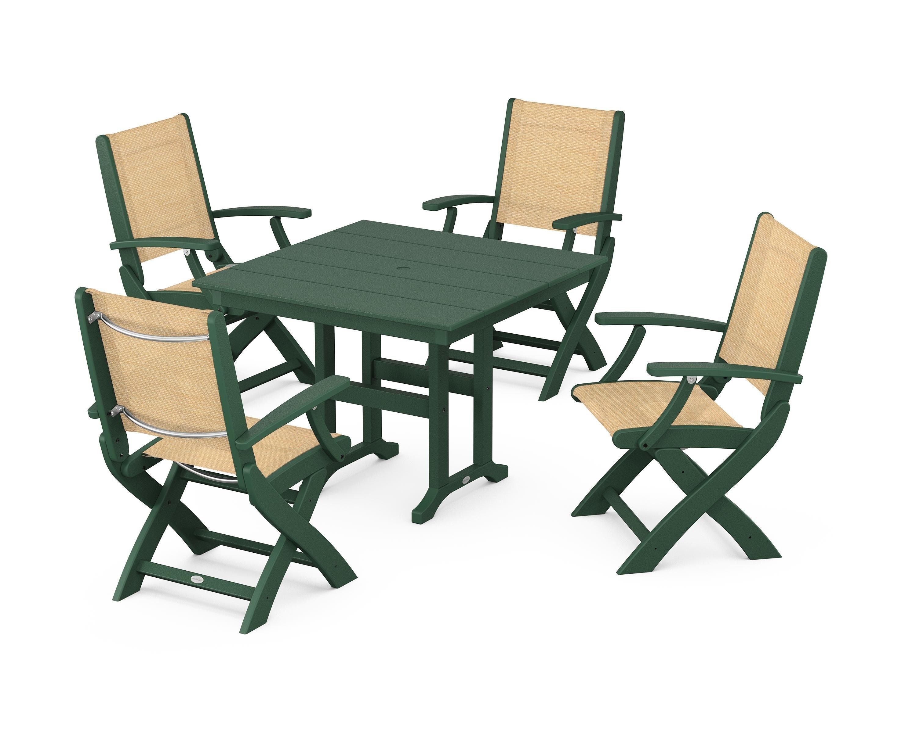 POLYWOOD Coastal Folding Chair 5-Piece Farmhouse Dining Set in Green / Dupioni Apricot Sling