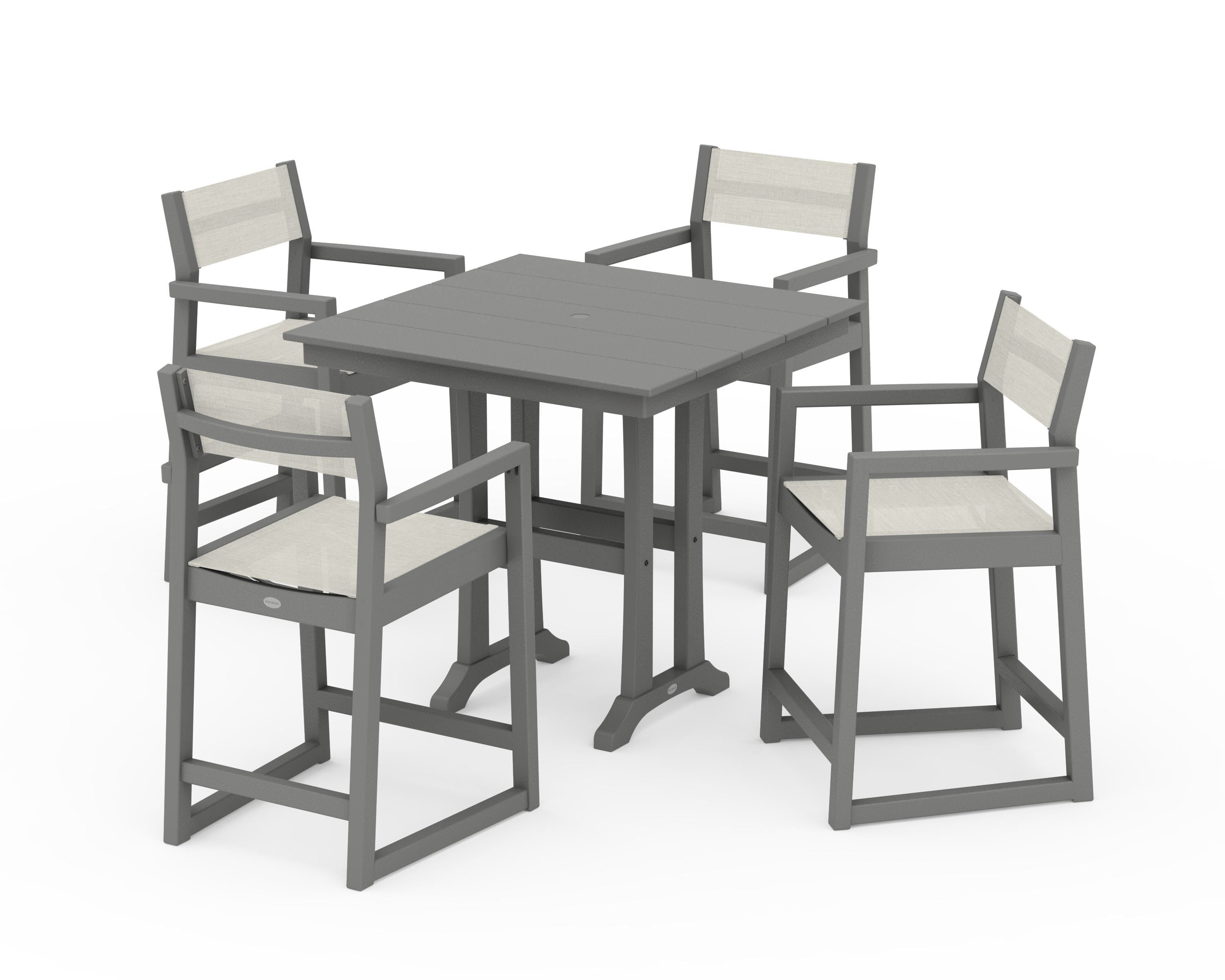 POLYWOOD EDGE Sling Arm Chair 5-Piece Farmhouse Counter Set with Trestle Legs in Slate Grey / Parchment Sling
