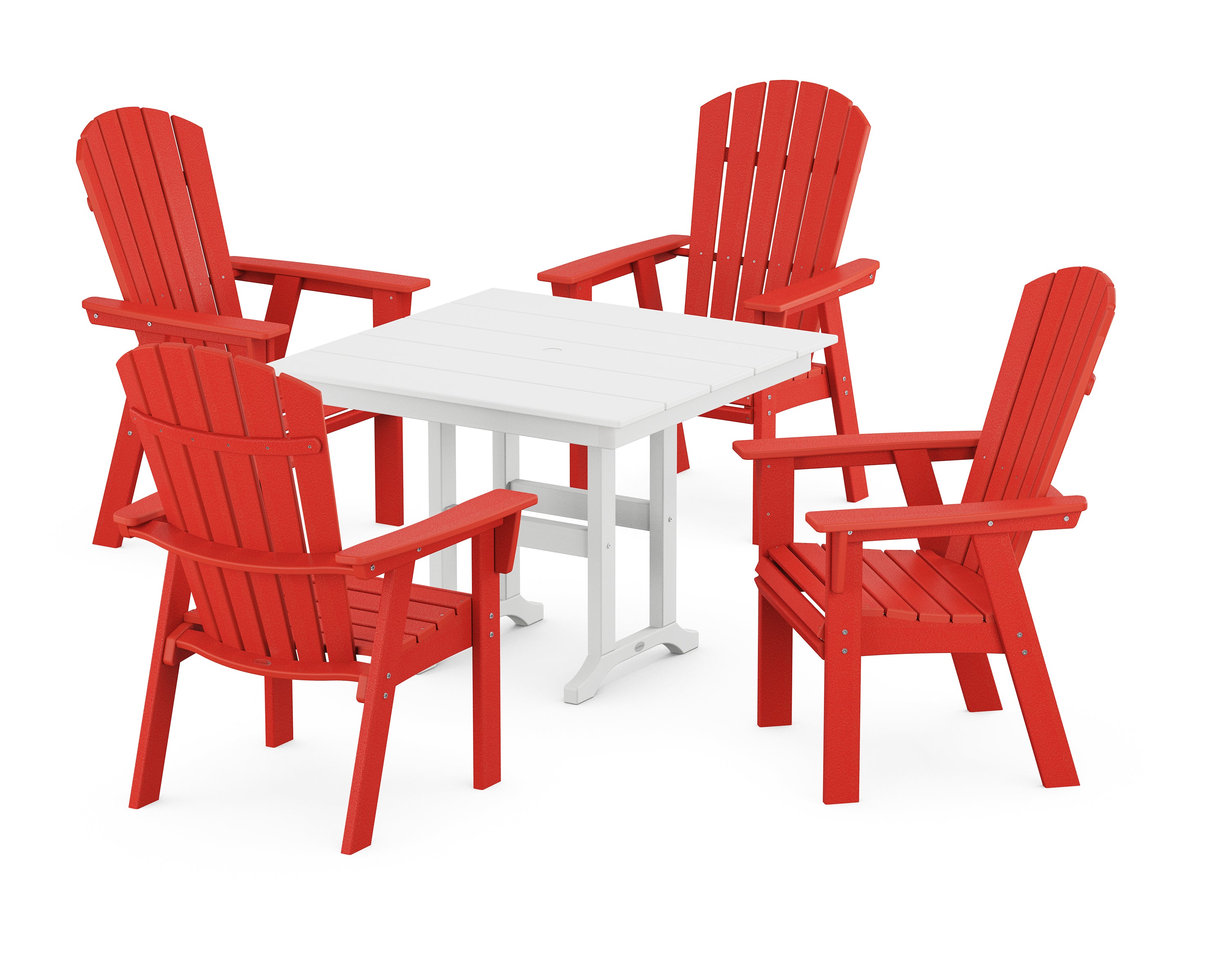 POLYWOOD® Nautical Curveback Adirondack 5-Piece Farmhouse Dining Set in Sunset Red / White