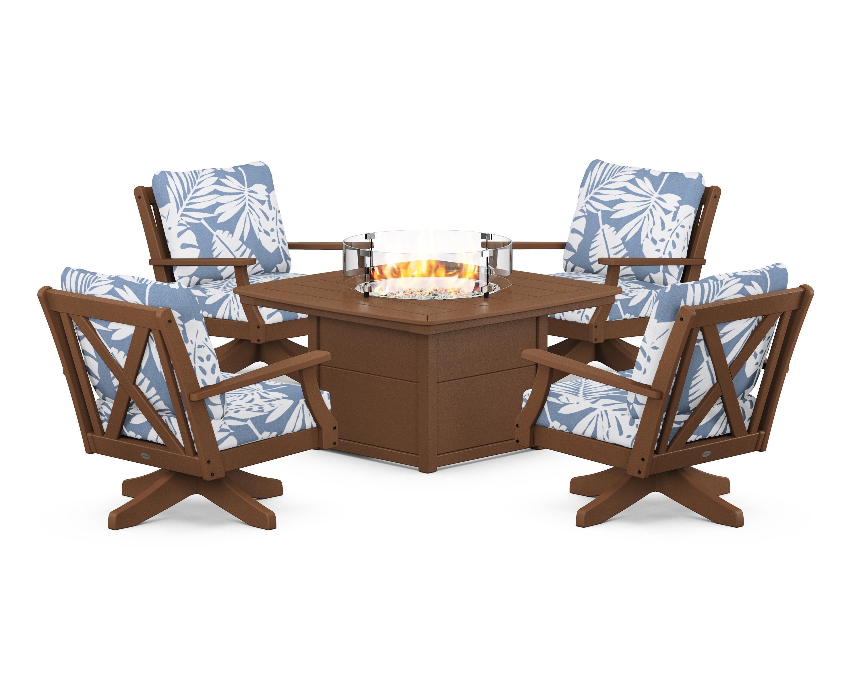 POLYWOOD Braxton 5-Piece Deep Seating Swivel Conversation Set with Fire Pit Table in Teak / Leaf Sky Blue